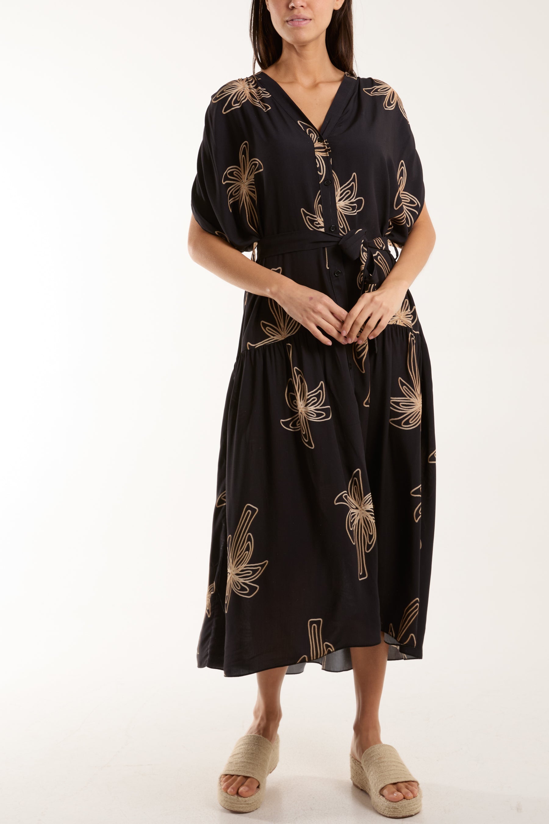 Palm Tree Belted Tiered Midi Dress Dresses WearAll Black One Size