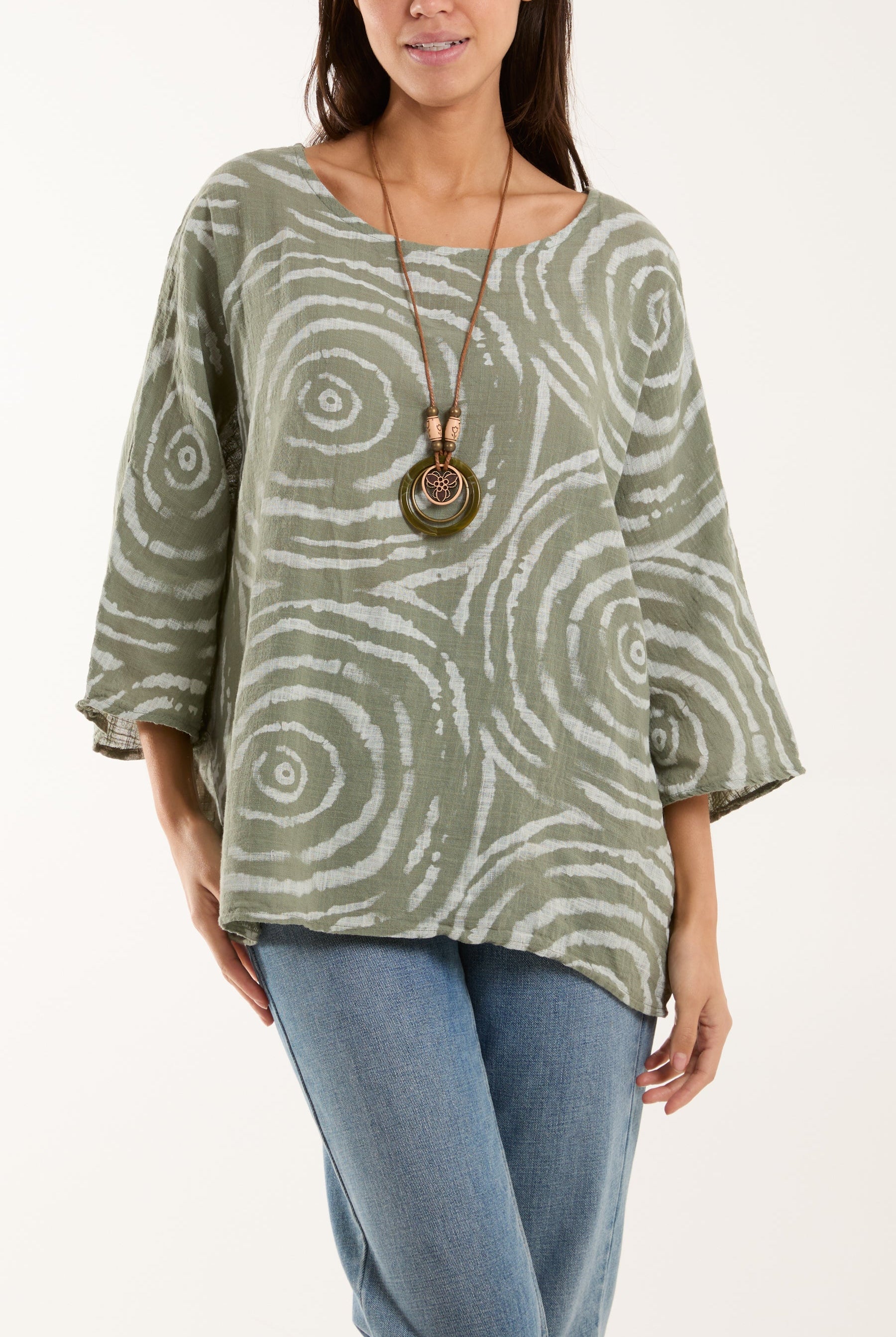 Swirl Necklace 3/4 Sleeve Blouse Blouses WearAll Khaki One Size