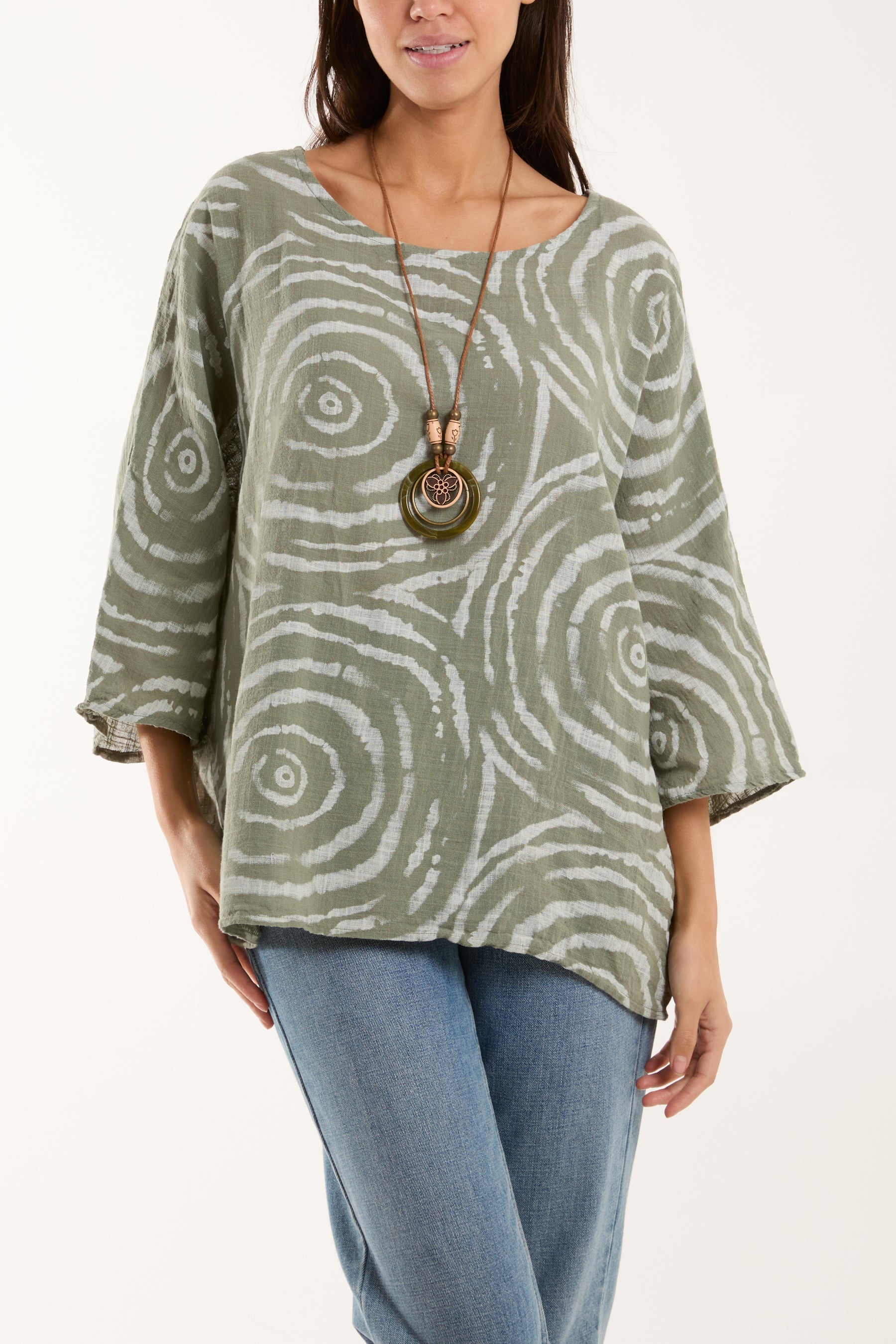 Swirl Necklace 3/4 Sleeve Blouse Blouses WearAll Khaki One Size