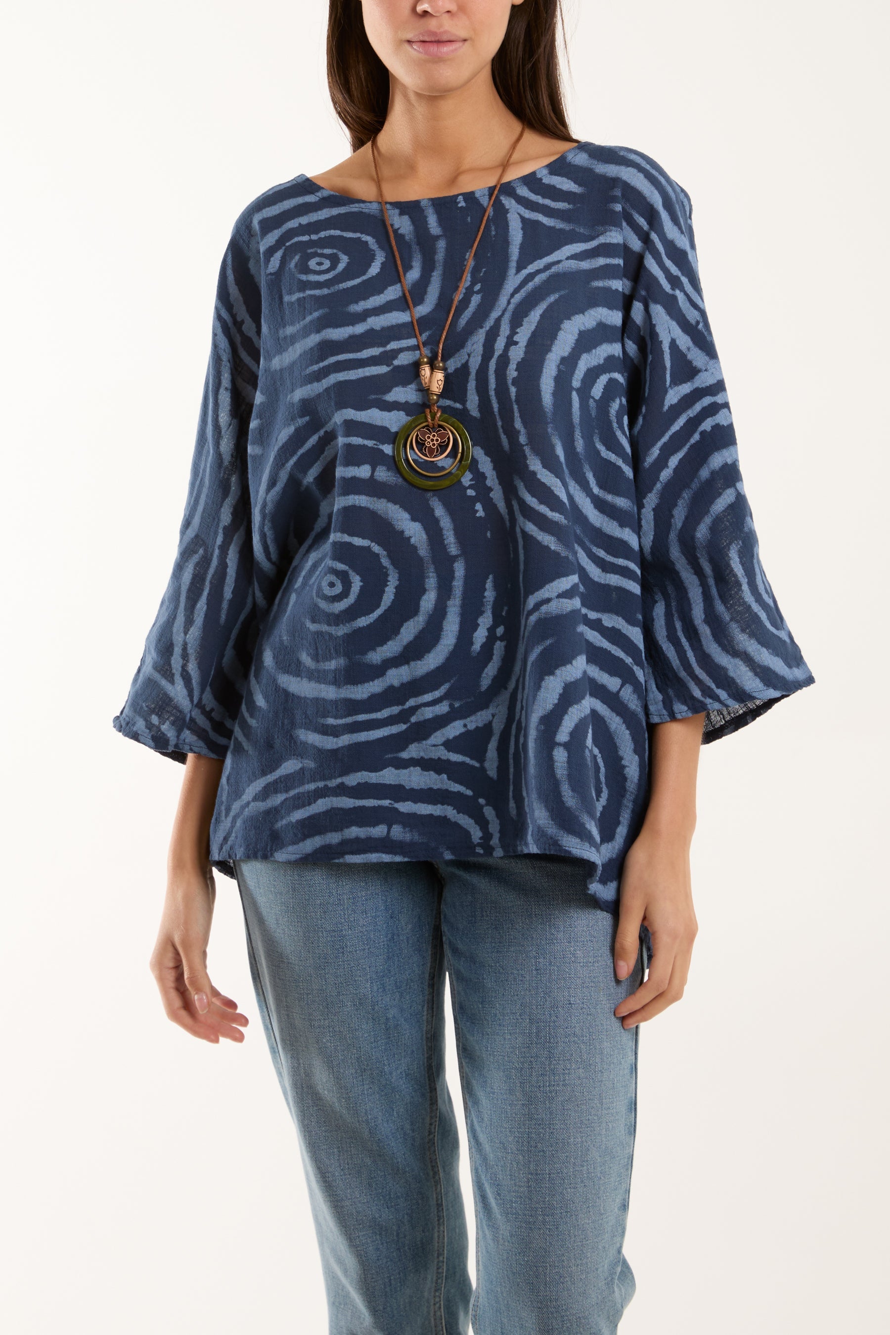 Swirl Necklace 3/4 Sleeve Blouse Blouses WearAll Navy One Size