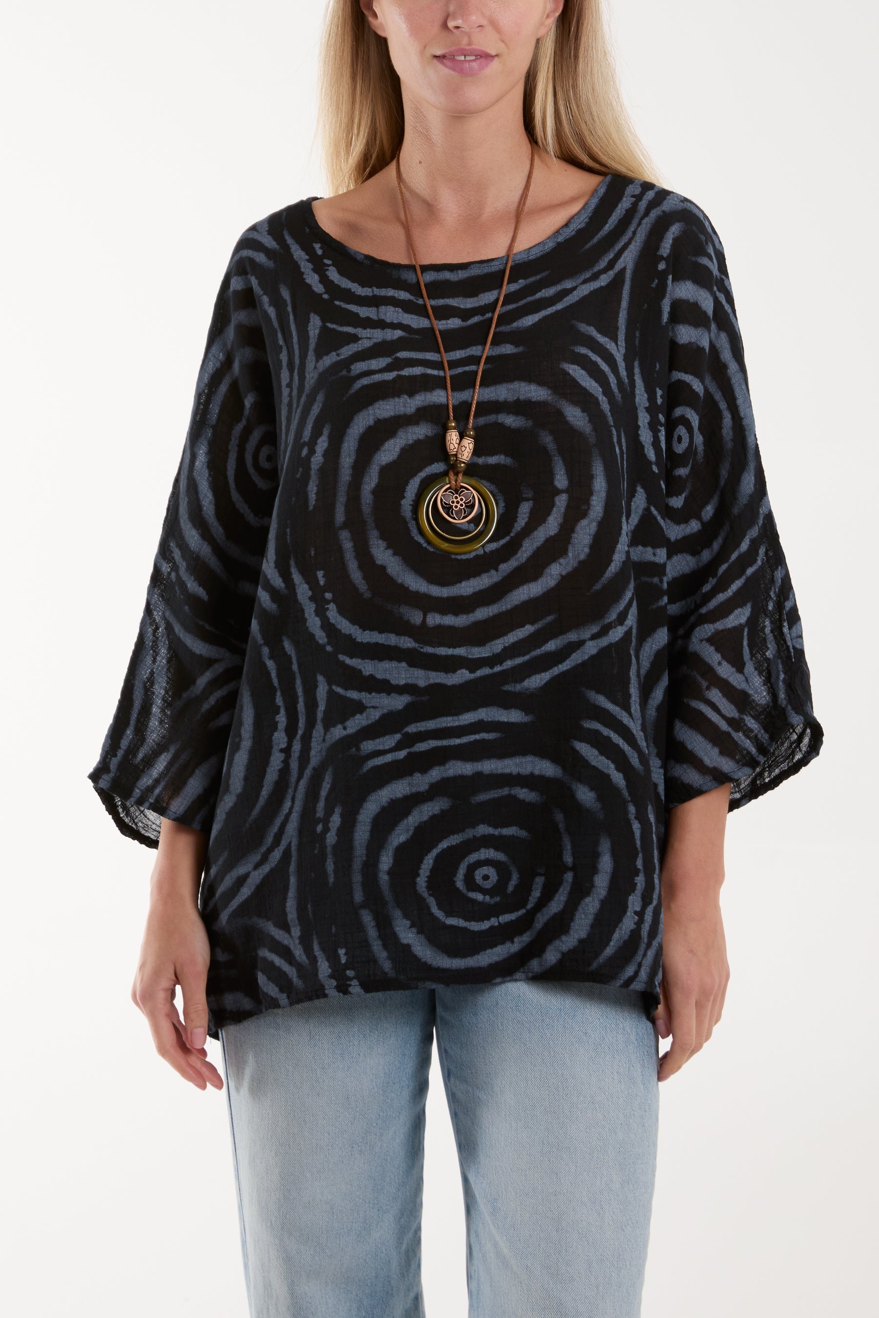 Swirl Necklace 3/4 Sleeve Blouse Blouses WearAll Black One Size
