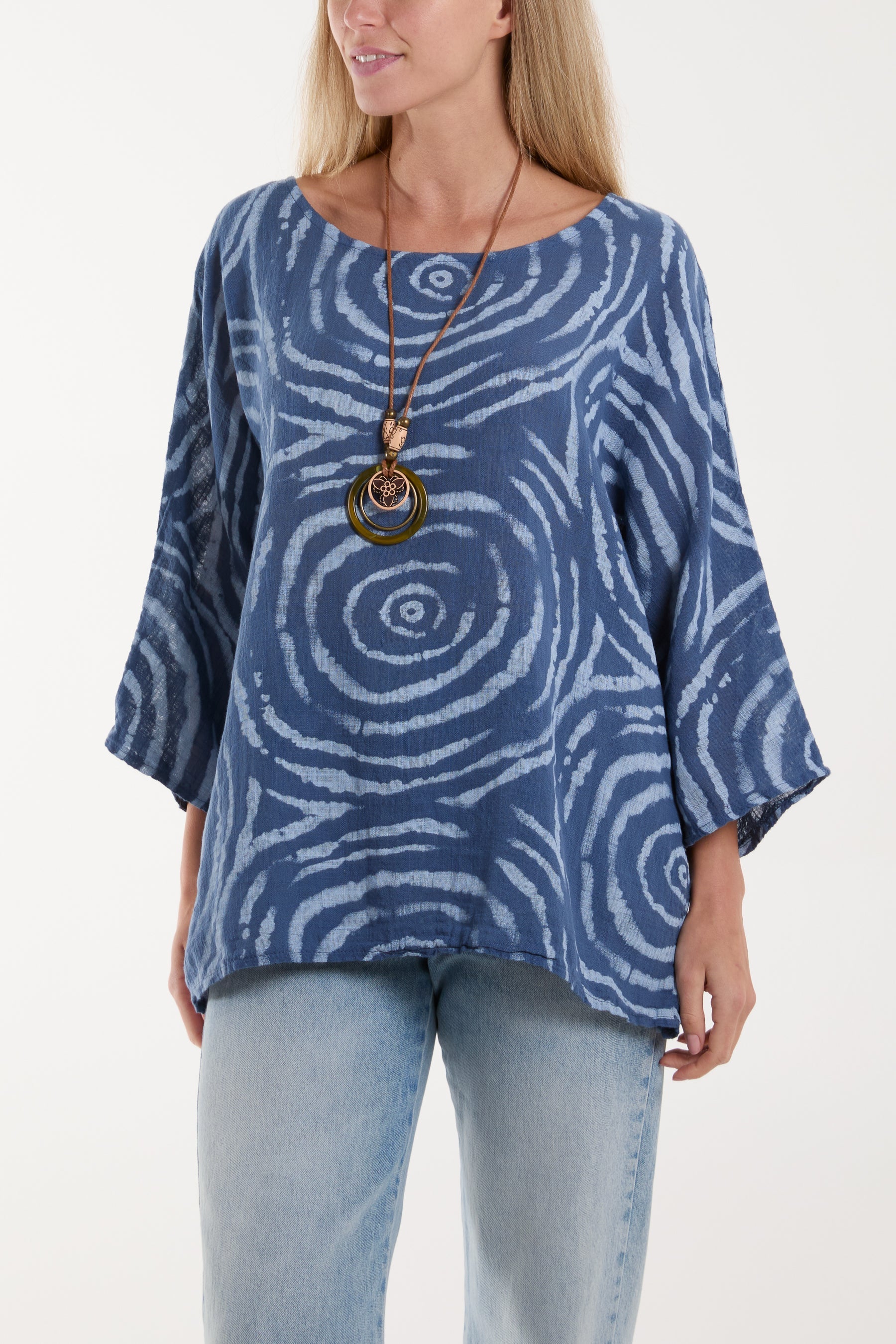 Swirl Necklace 3/4 Sleeve Blouse Blouses WearAll Denim One Size