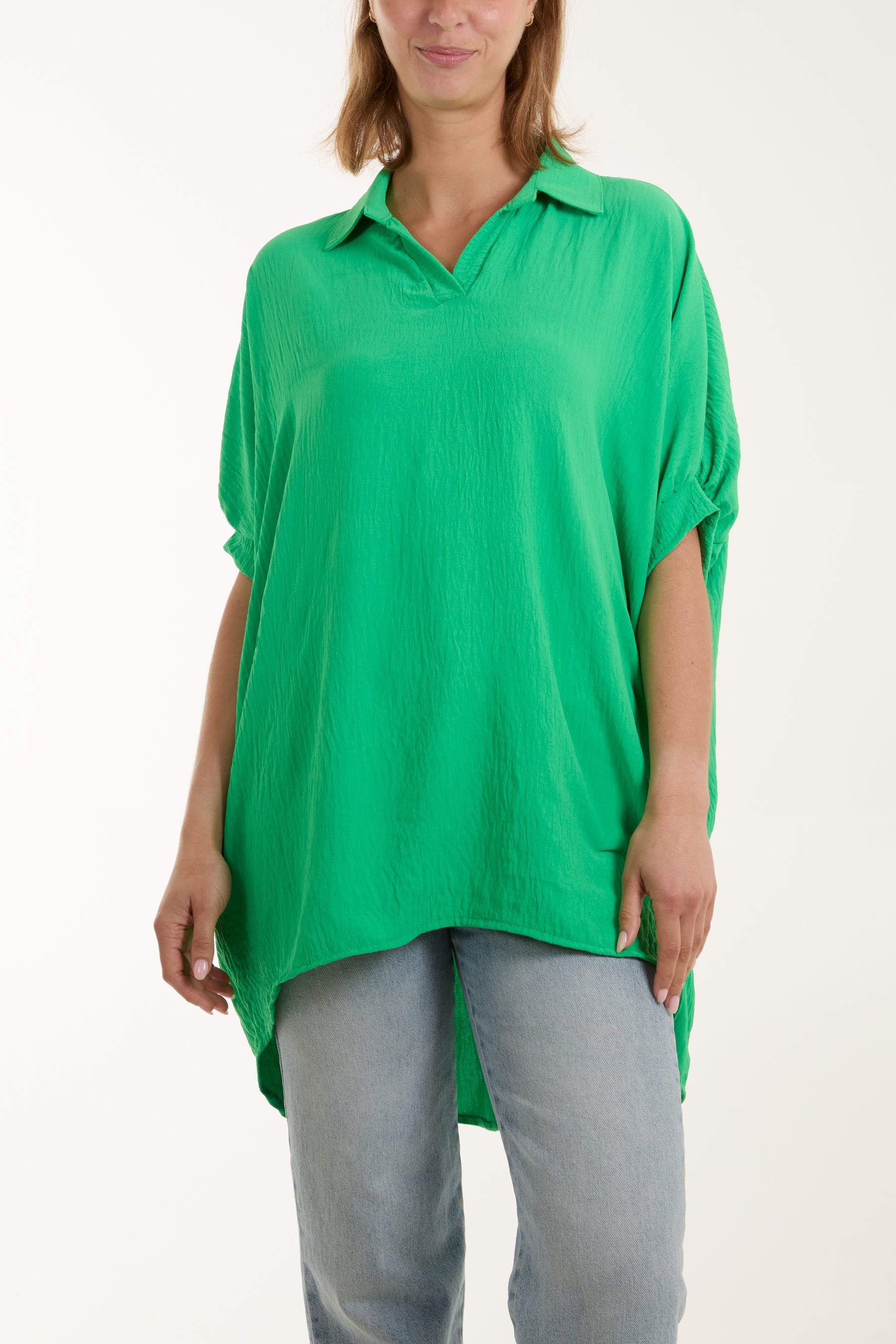 Open Collar Short Sleeve Blouse Blouses WearAll Apple Green One Size