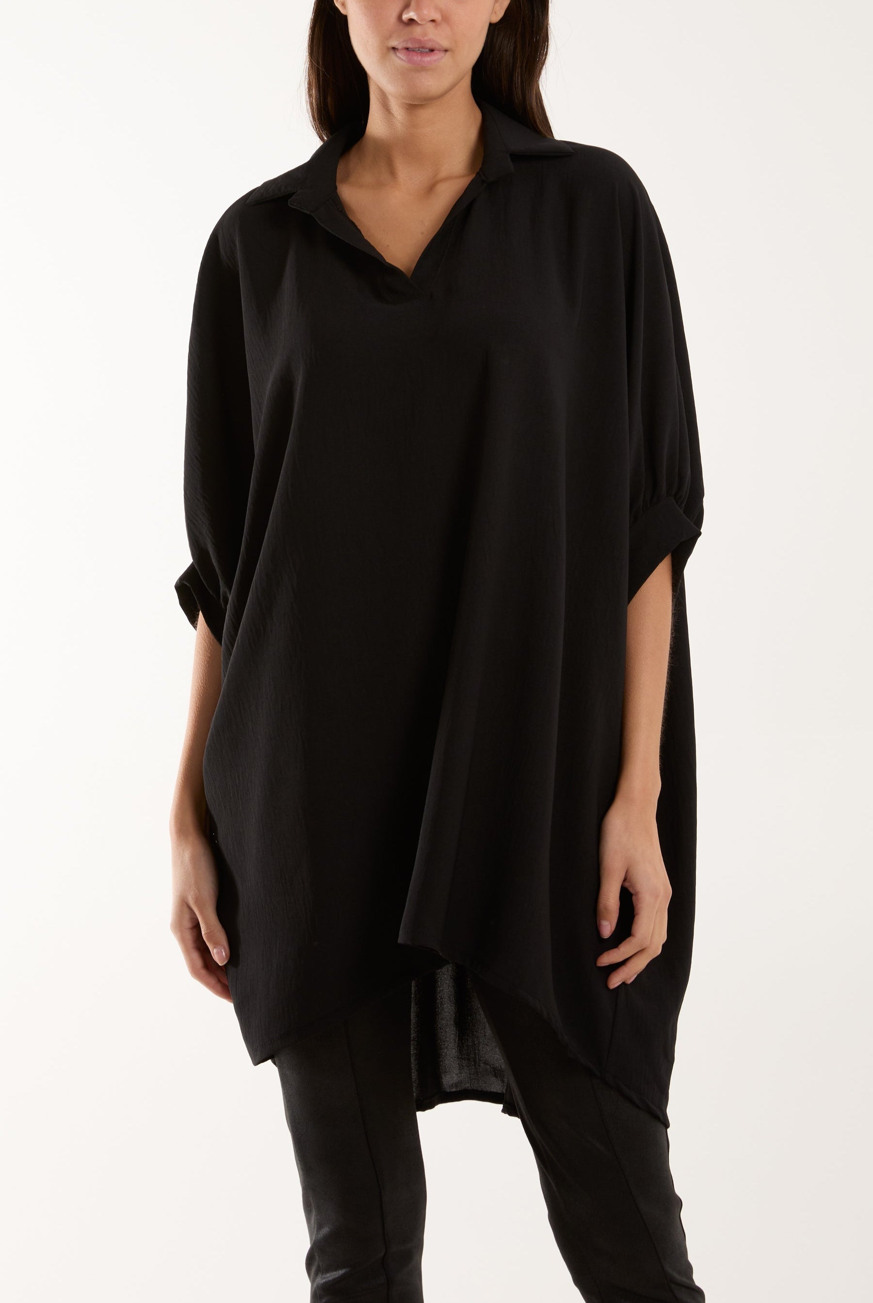 Open Collar Short Sleeve Blouse Blouses WearAll Black One Size