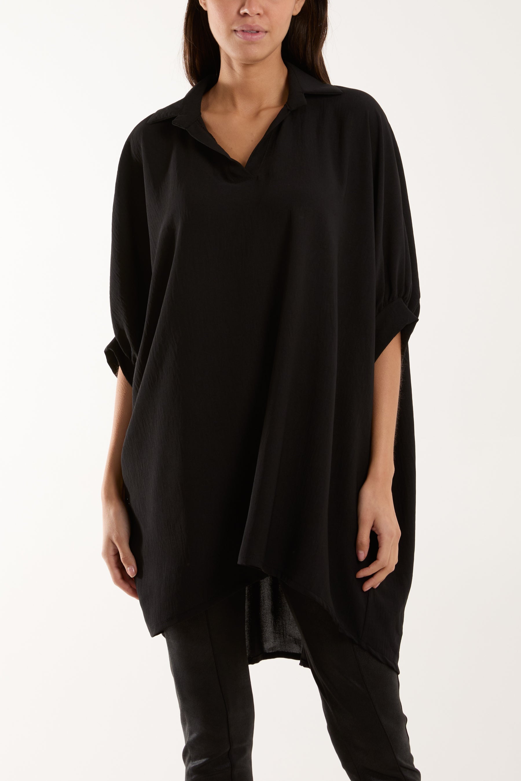 Open Collar Short Sleeve Blouse Blouses WearAll Black One Size