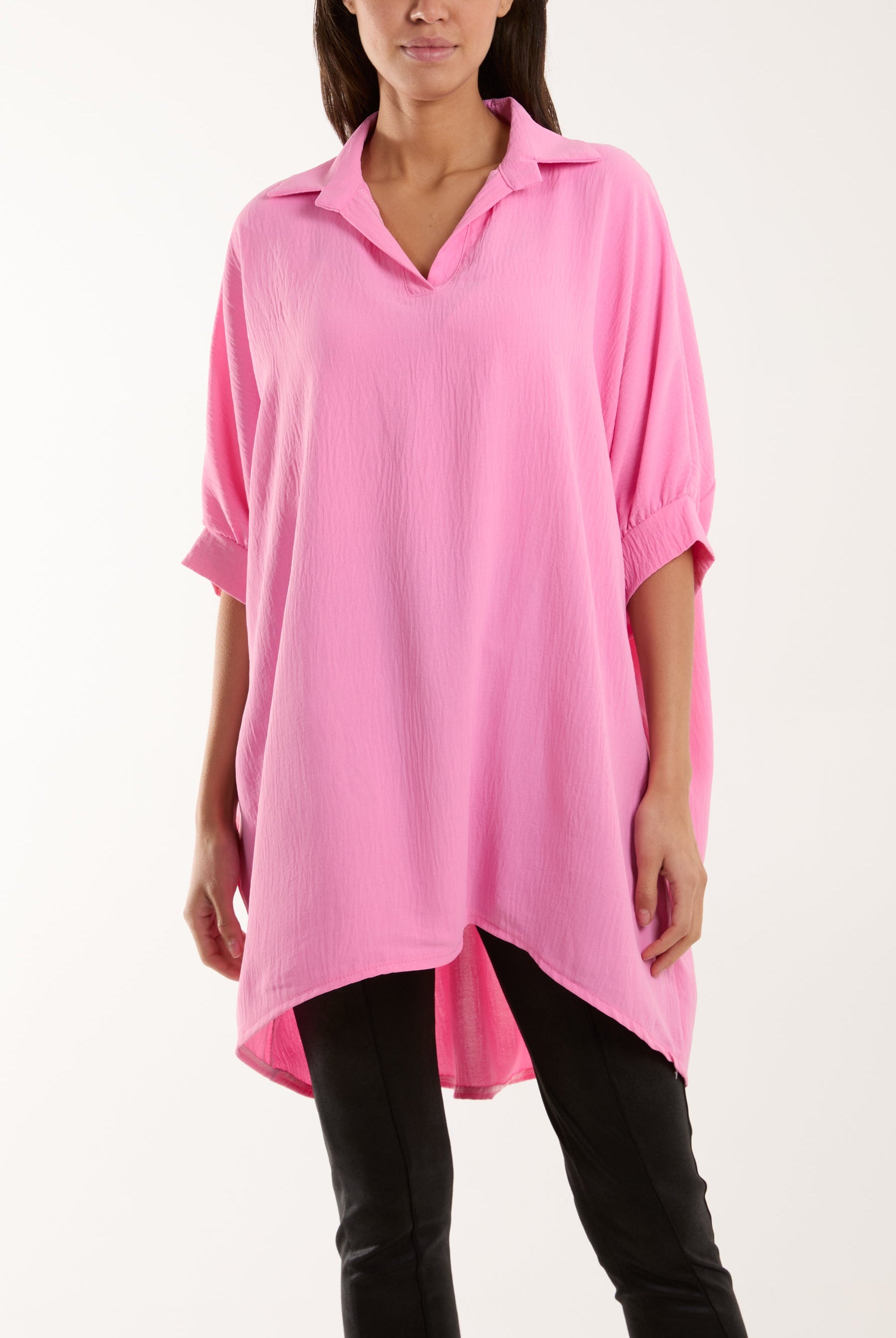 Open Collar Short Sleeve Blouse Blouses WearAll BubbleGum Pink One Size
