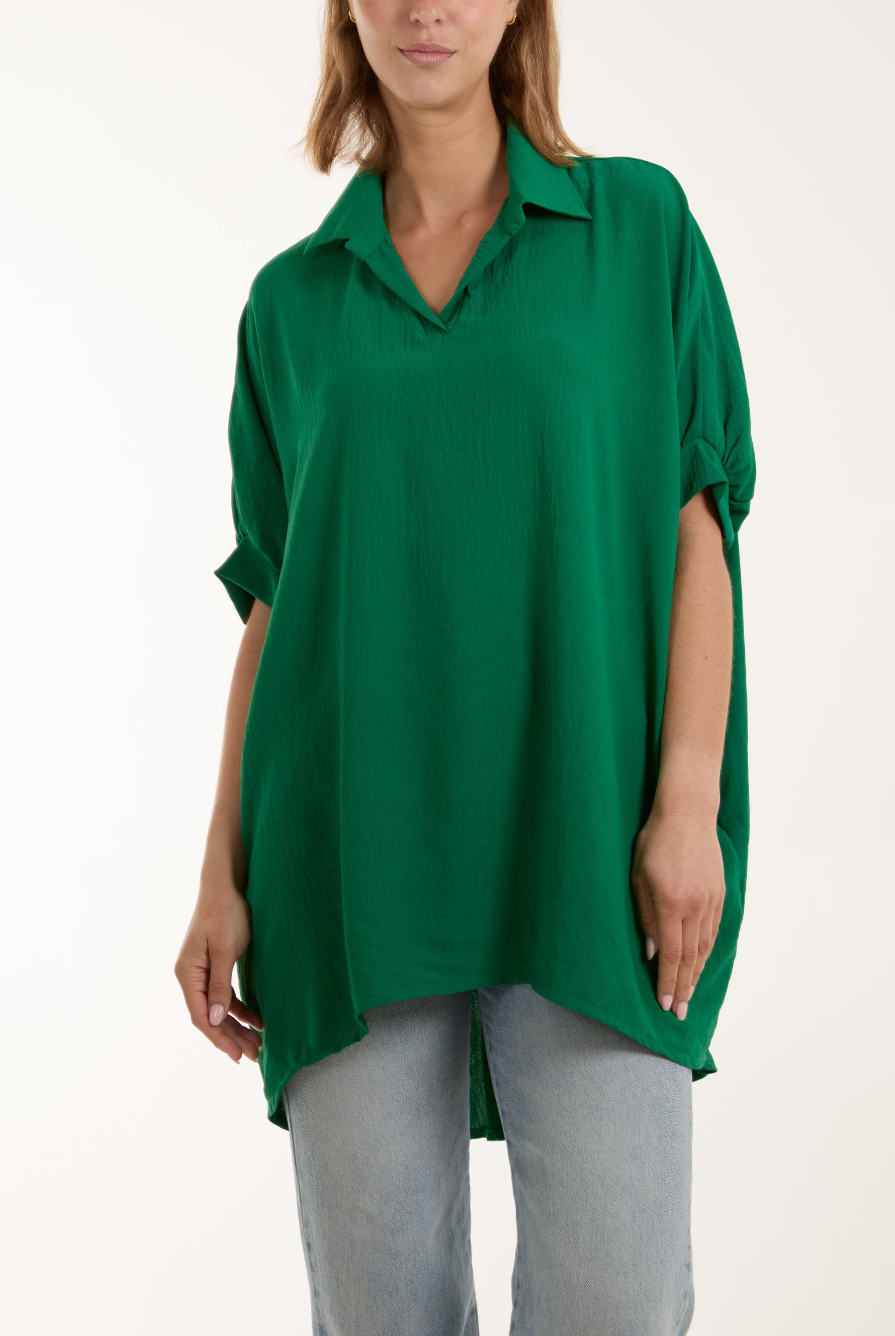 Open Collar Short Sleeve Blouse Blouses WearAll Jade One Size