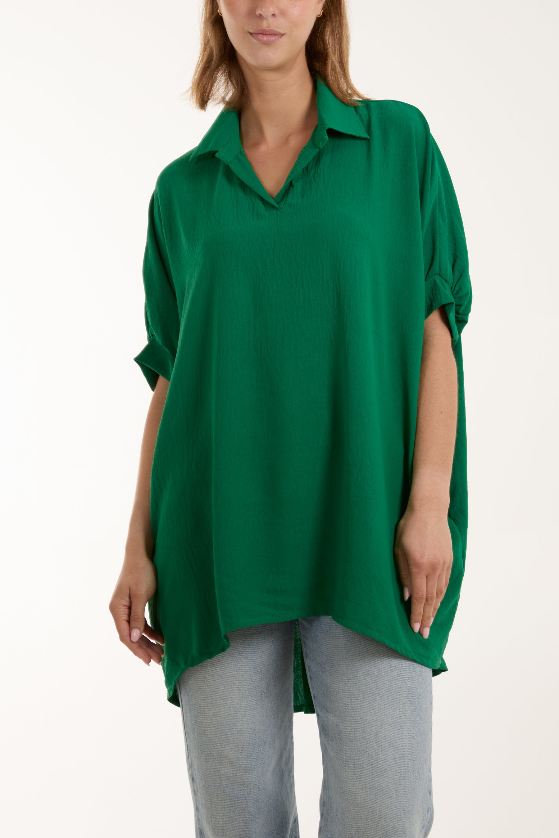 Open Collar Short Sleeve Blouse Blouses WearAll Jade One Size