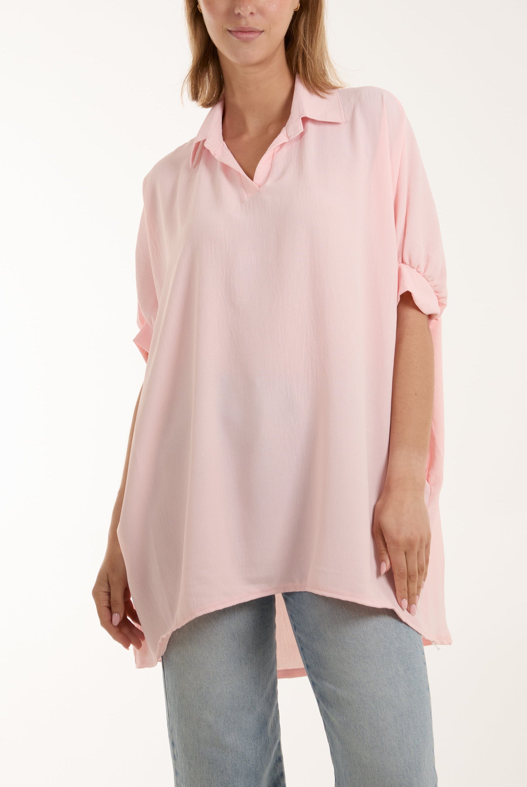Open Collar Short Sleeve Blouse Blouses WearAll Pink One Size