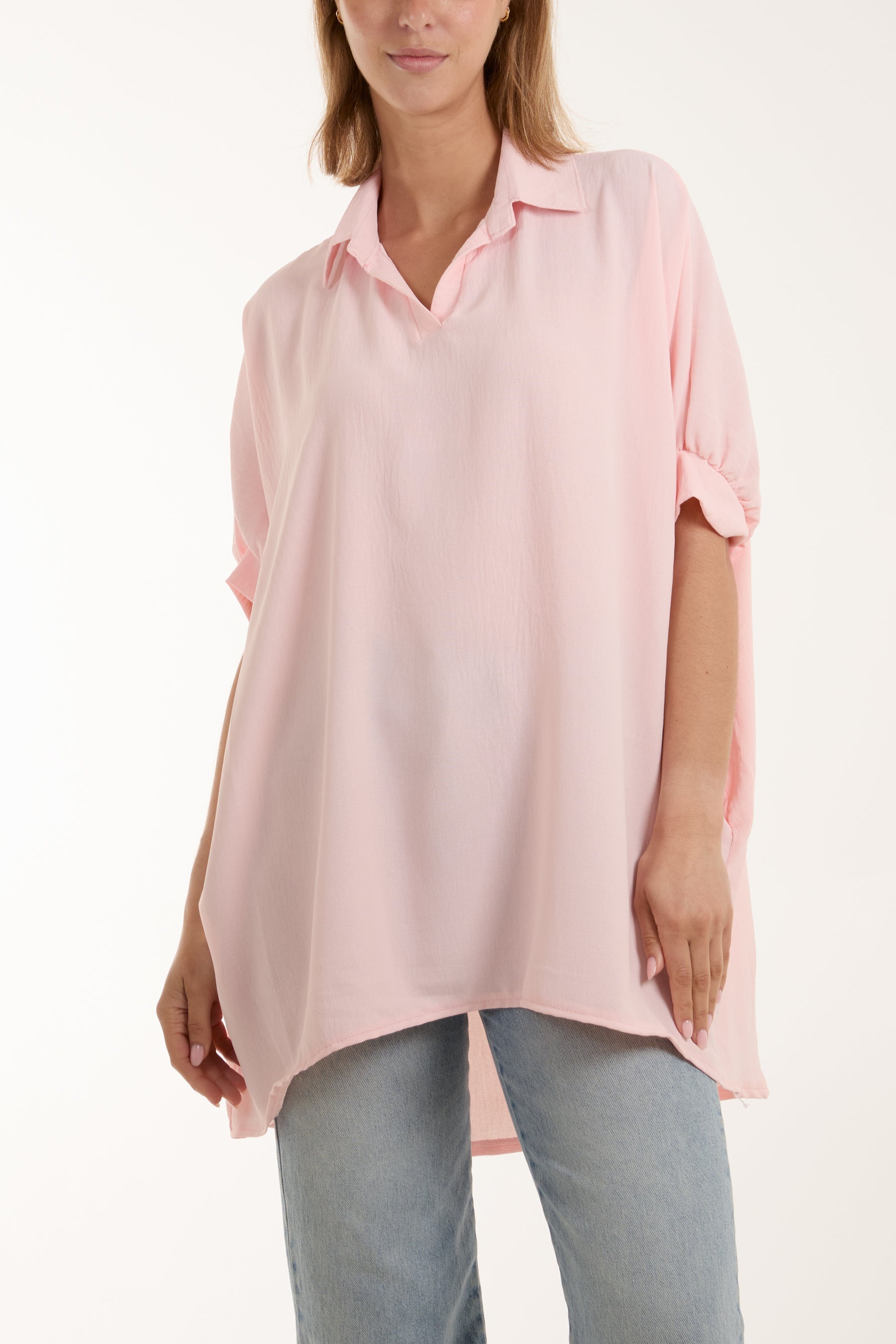 Open Collar Short Sleeve Blouse Blouses WearAll Pink One Size