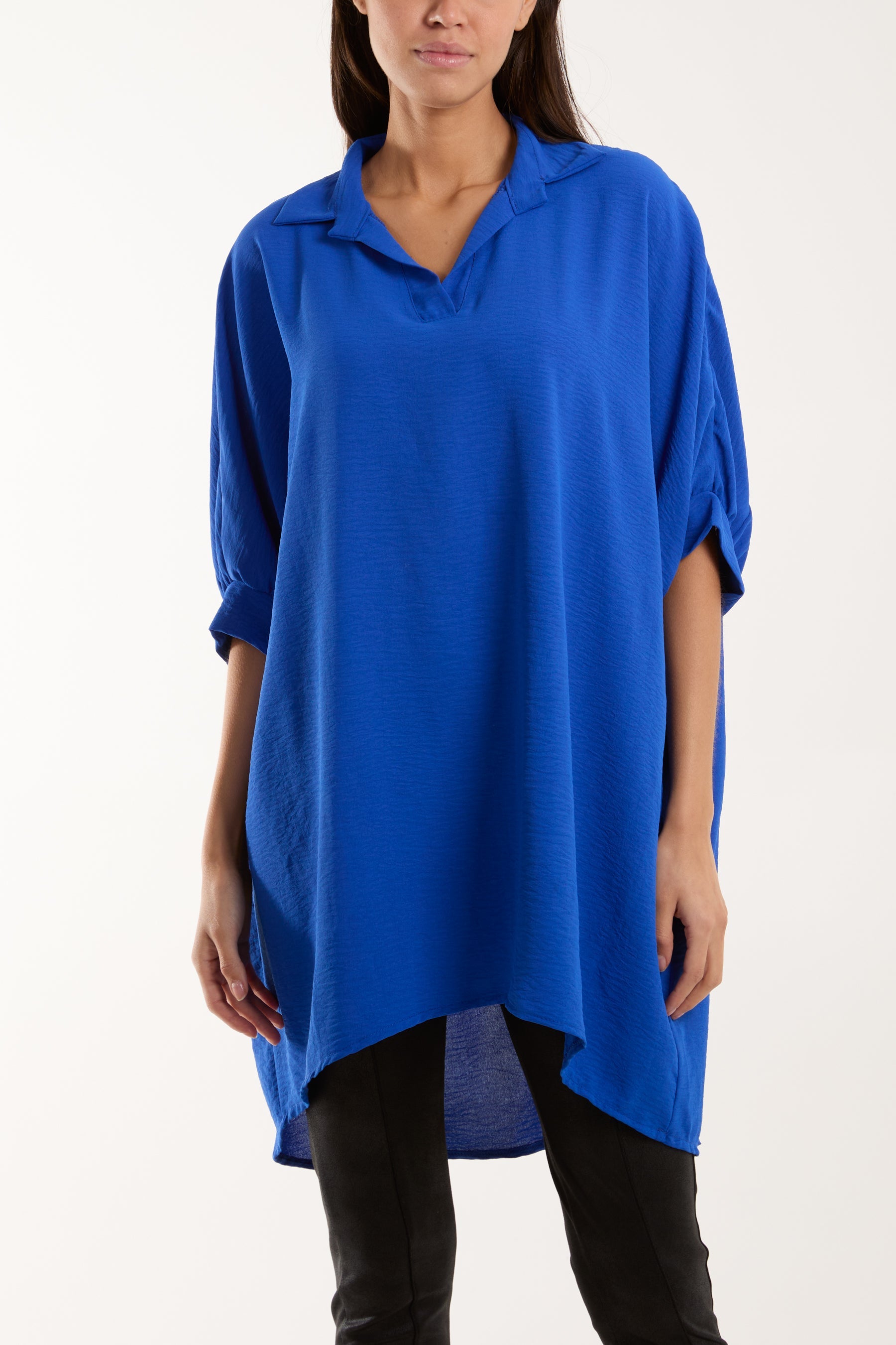 Open Collar Short Sleeve Blouse Blouses WearAll Royal Blue One Size