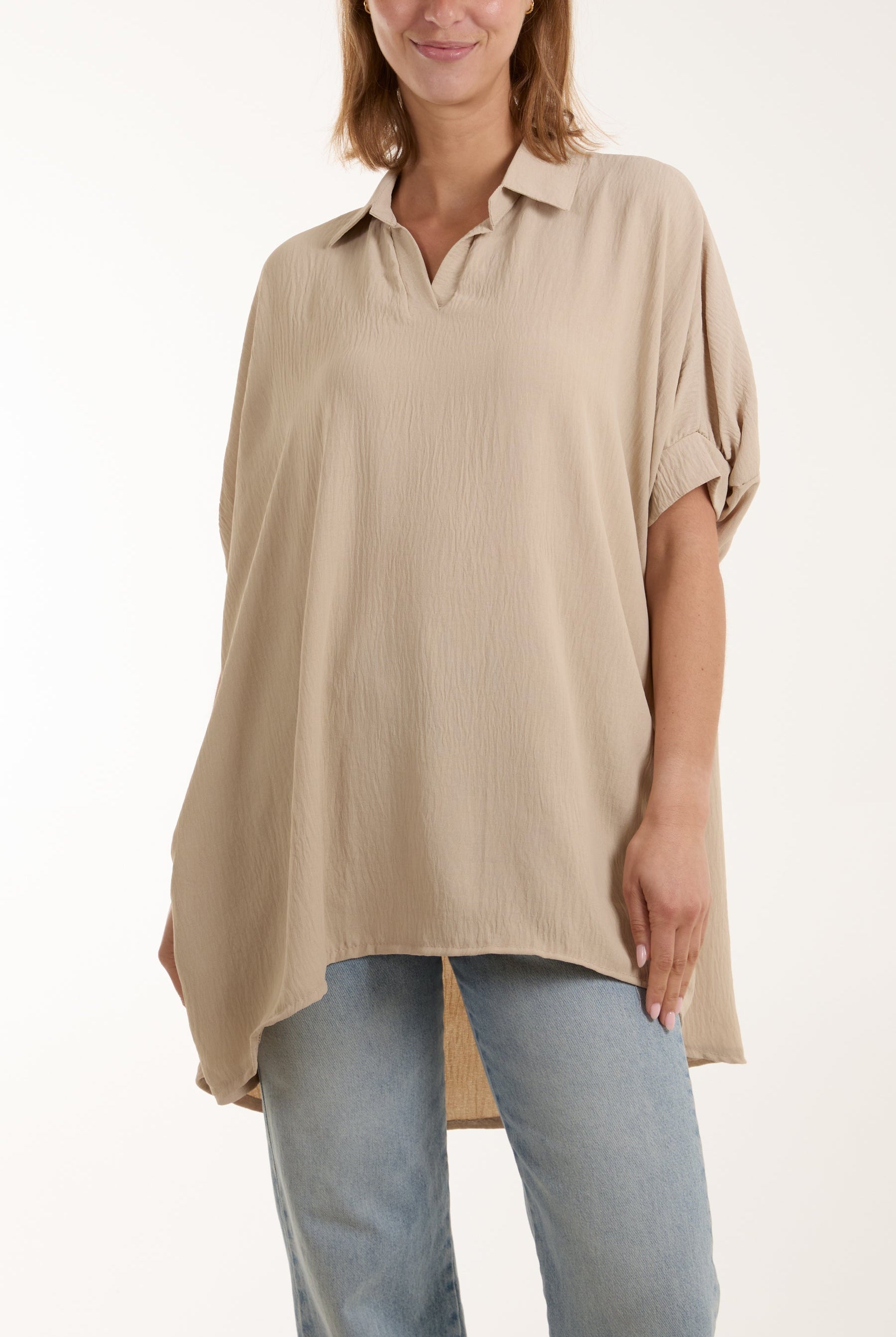 Open Collar Short Sleeve Blouse Blouses WearAll Stone One Size