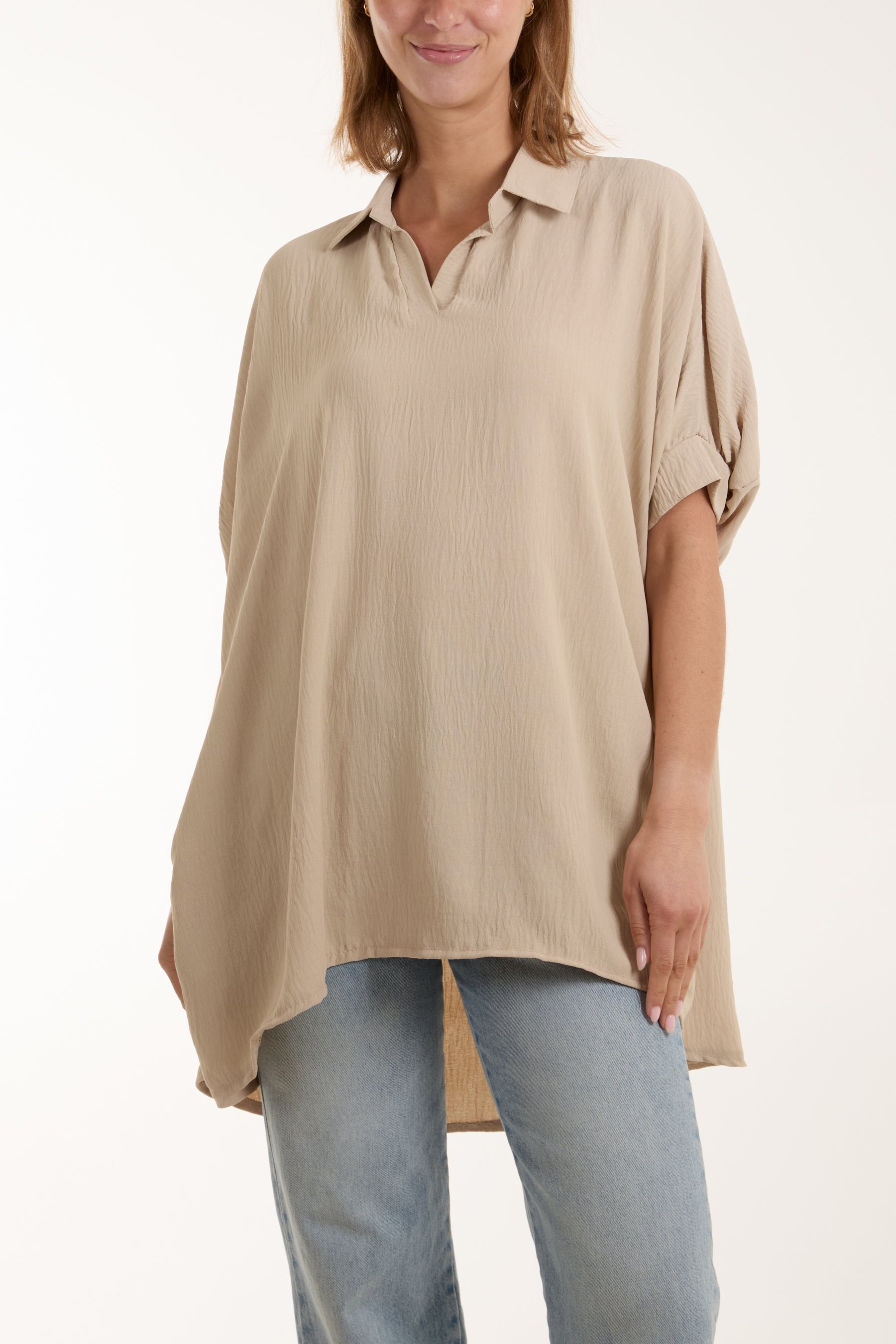 Open Collar Short Sleeve Blouse Blouses WearAll Stone One Size
