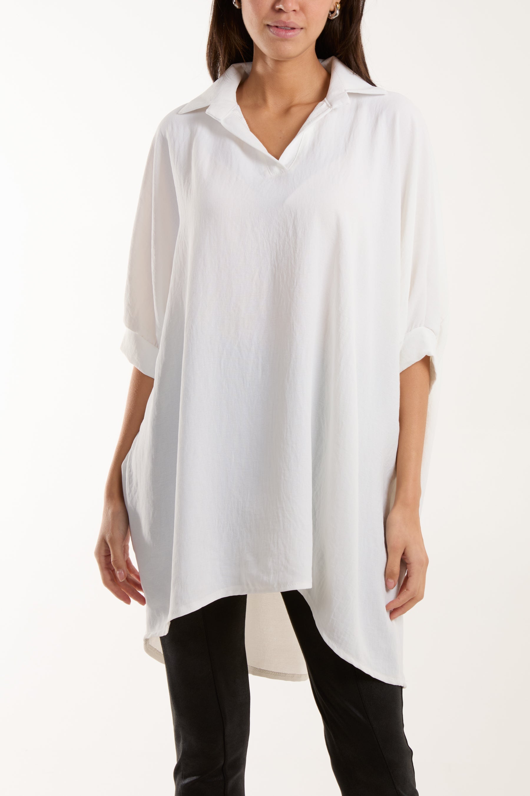 Open Collar Short Sleeve Blouse Blouses WearAll White One Size