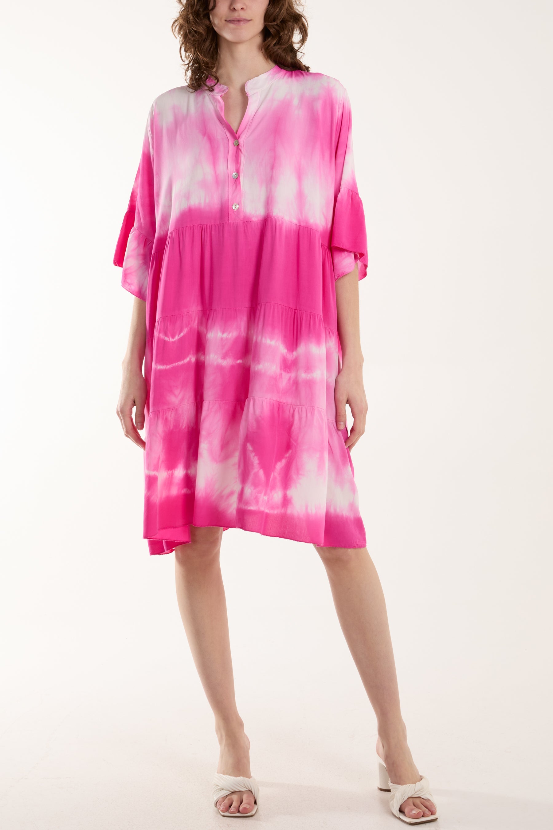Tie Dye Smock Tiered Mini Dress Dresses WearAll Fuchsia One Size