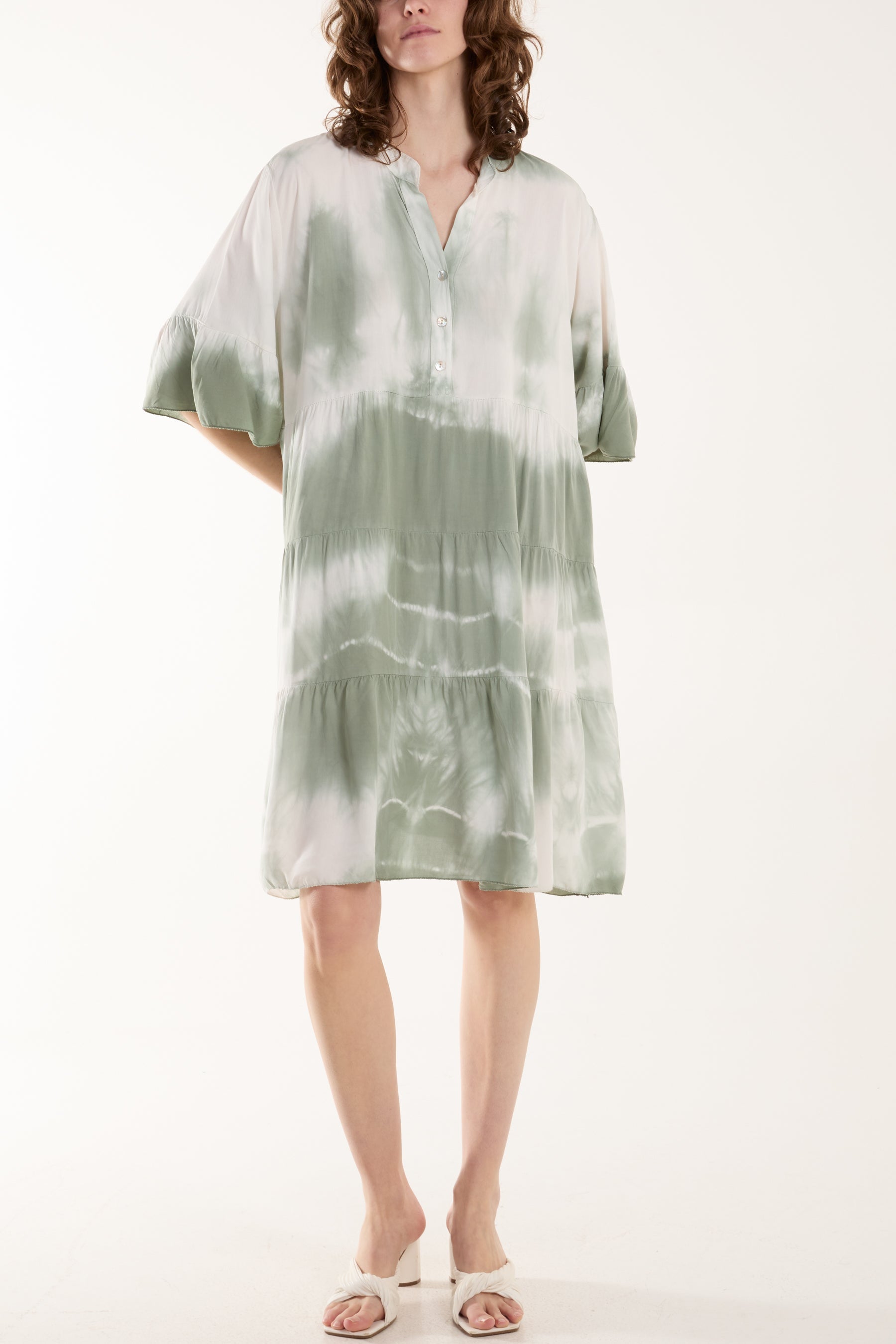 Tie Dye Smock Tiered Mini Dress Dresses WearAll Khaki One Size