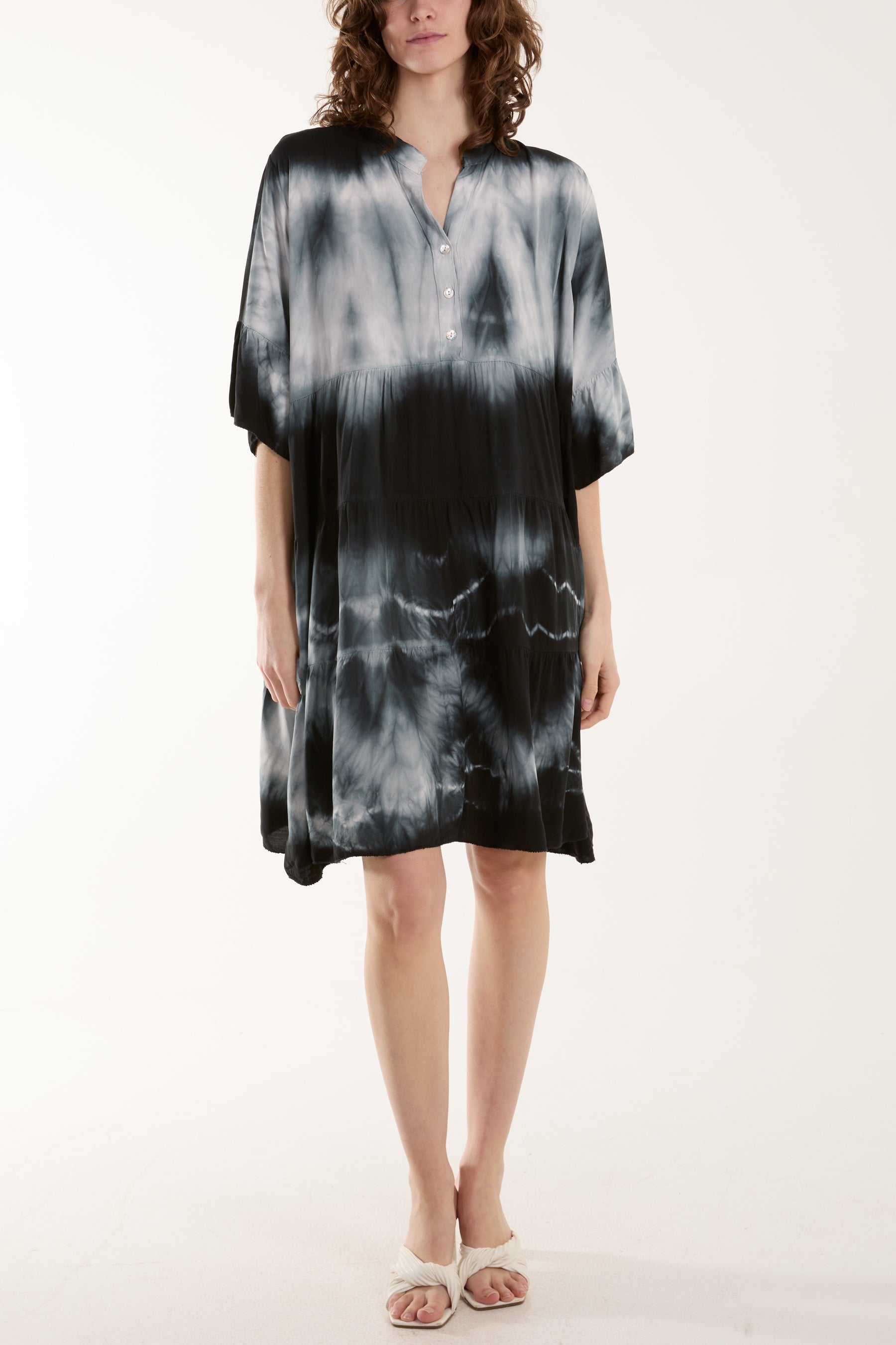 Tie Dye Smock Tiered Mini Dress Dresses WearAll Black One Size