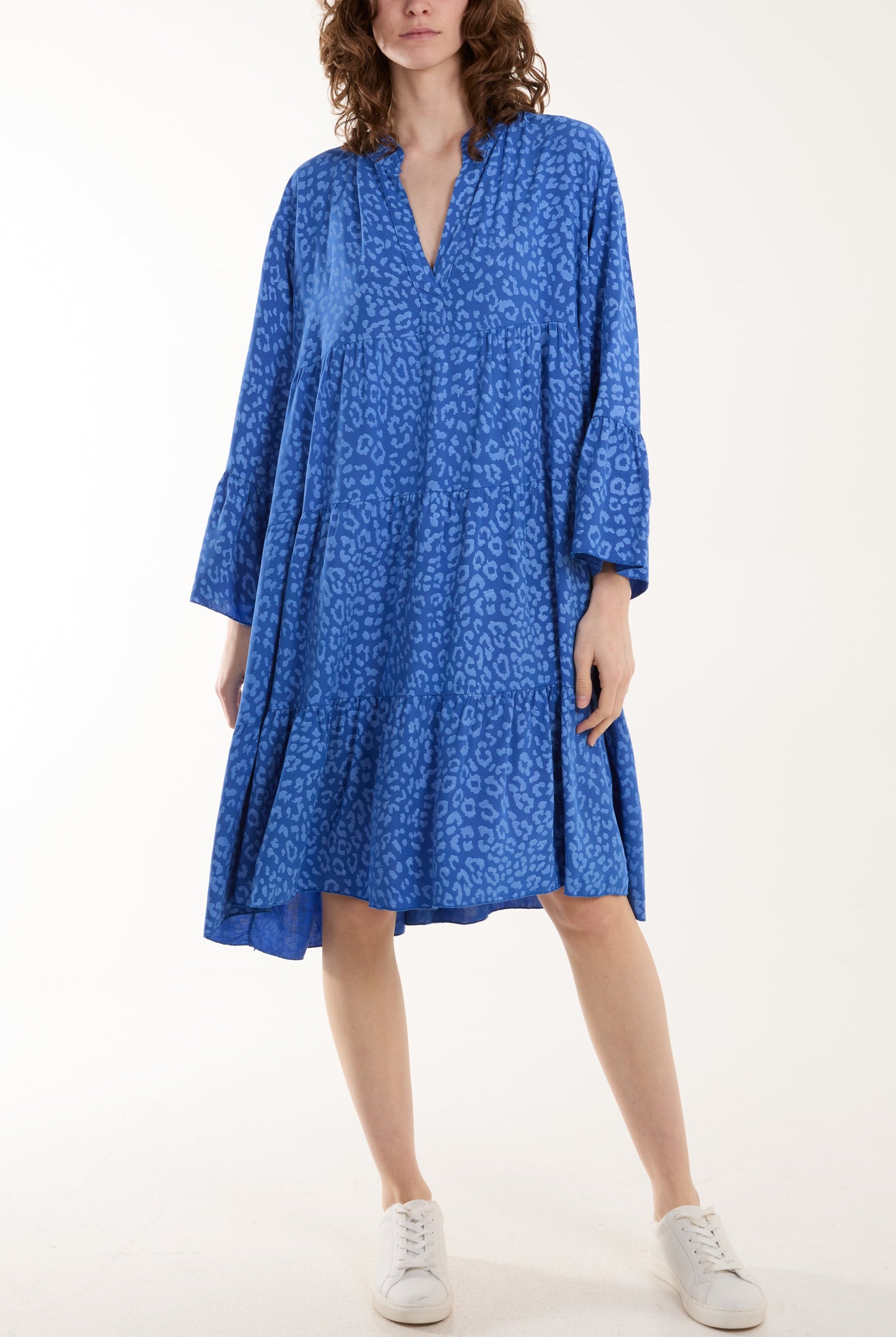 Leopard Print Long Sleeve Tiered Mini Dress Dresses WearAll Royal Blue One Size