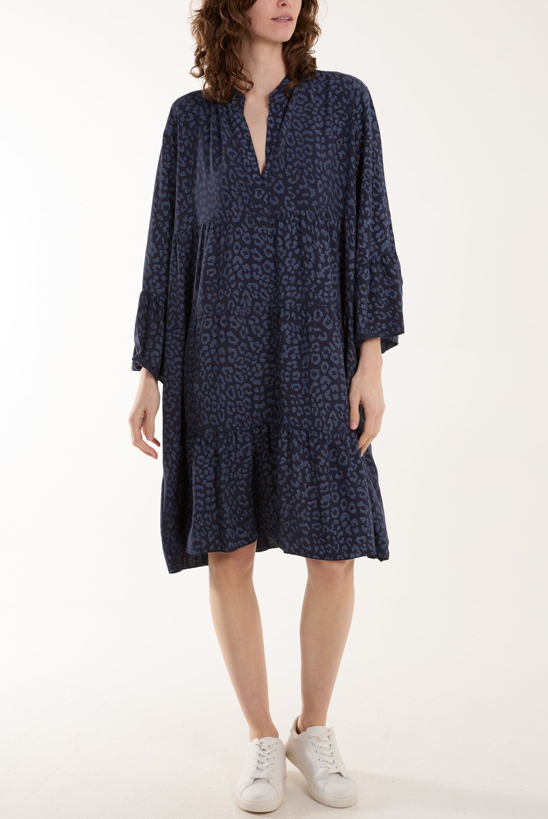 Leopard Print Long Sleeve Tiered Mini Dress Dresses WearAll Navy One Size