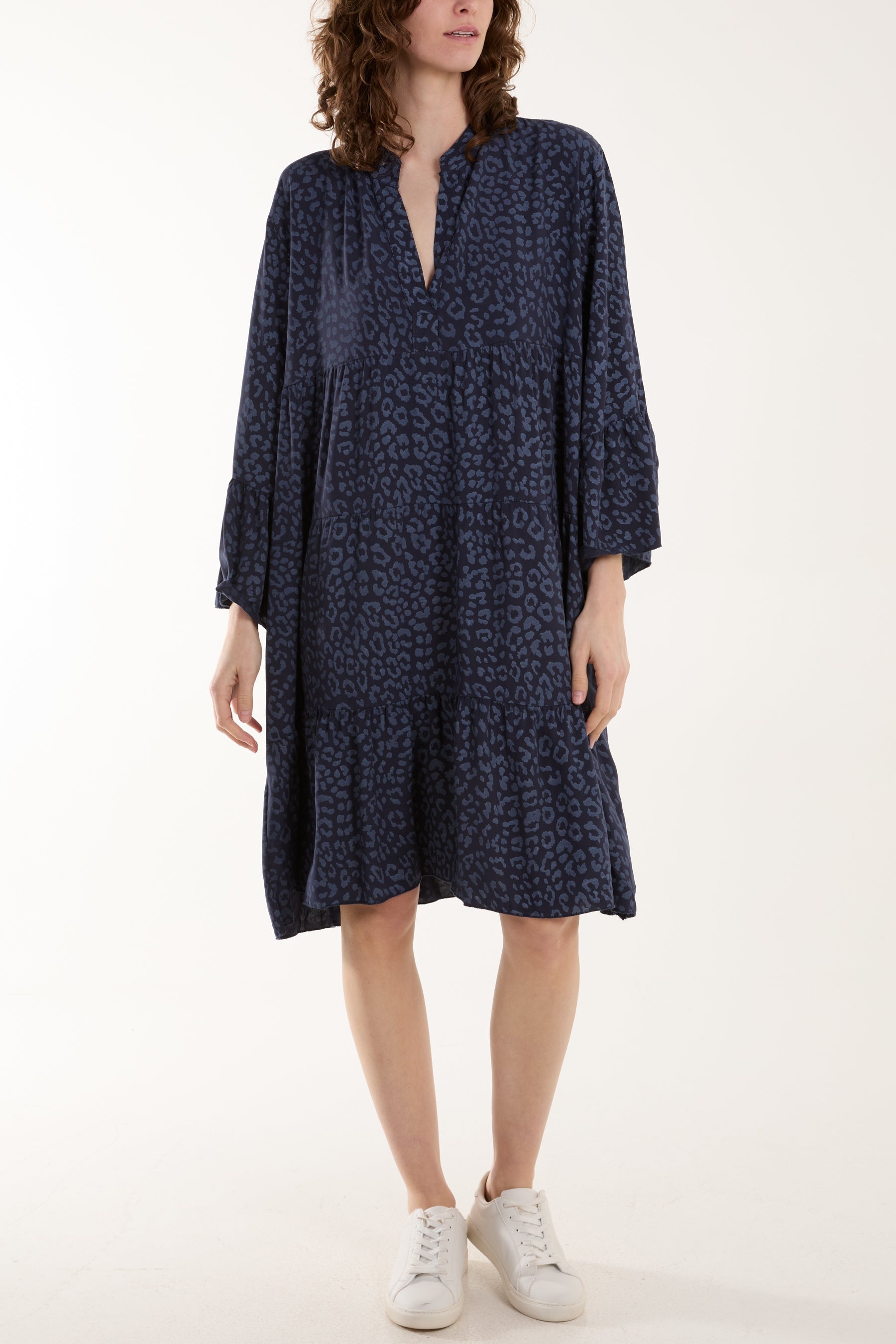 Leopard Print Long Sleeve Tiered Mini Dress Dresses WearAll Navy One Size