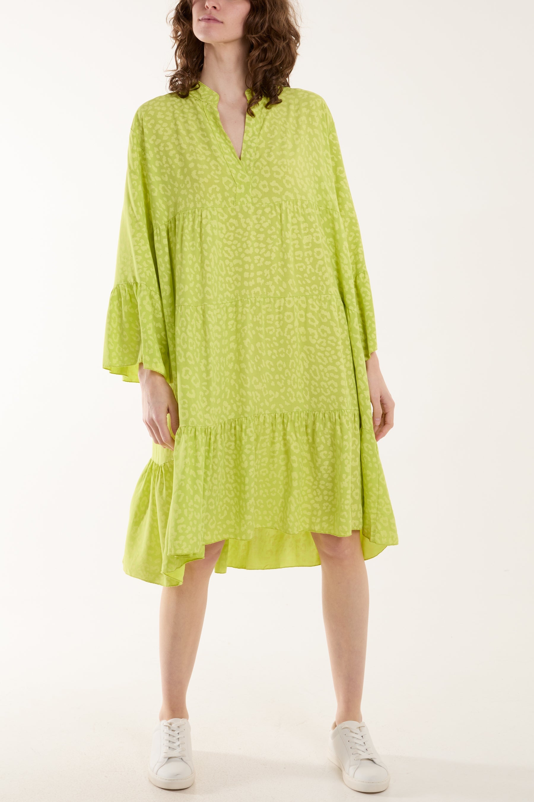 Leopard Print Long Sleeve Tiered Mini Dress Dresses WearAll Lime One Size