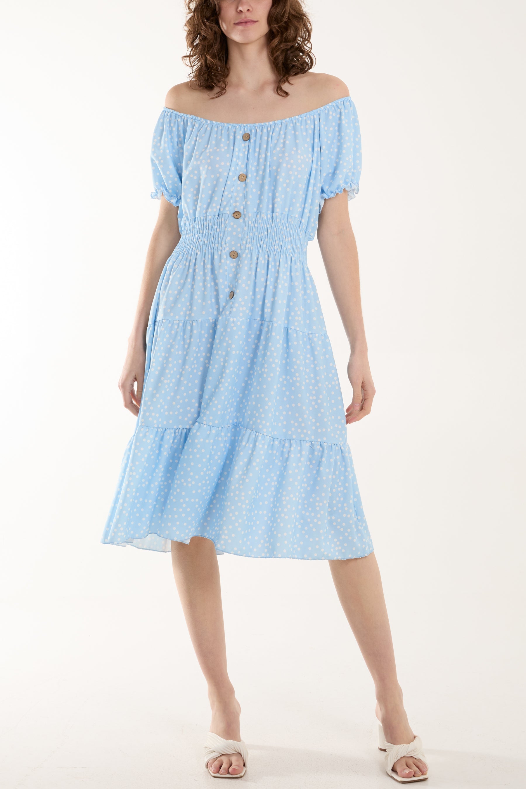 Polka Dot Button Through Mini Dress Dresses WearAll Light Blue One Size