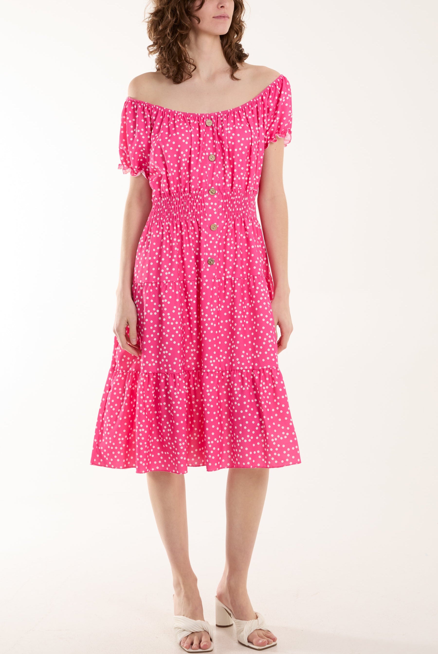 Polka Dot Button Through Mini Dress Dresses WearAll Hot Pink One Size