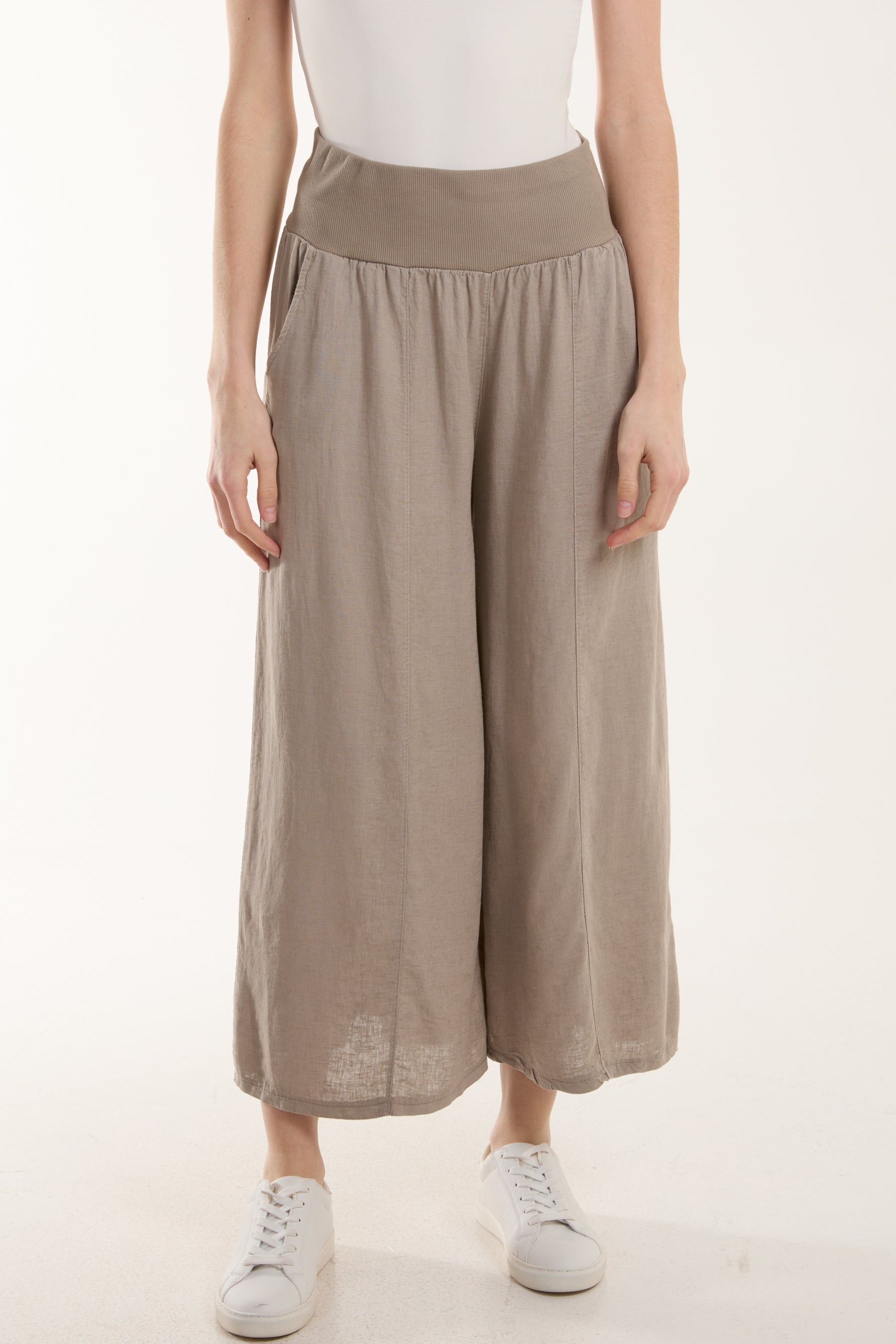 Linen Blend Wide Leg Waistband Trousers Trousers WearAll Mocha One Size
