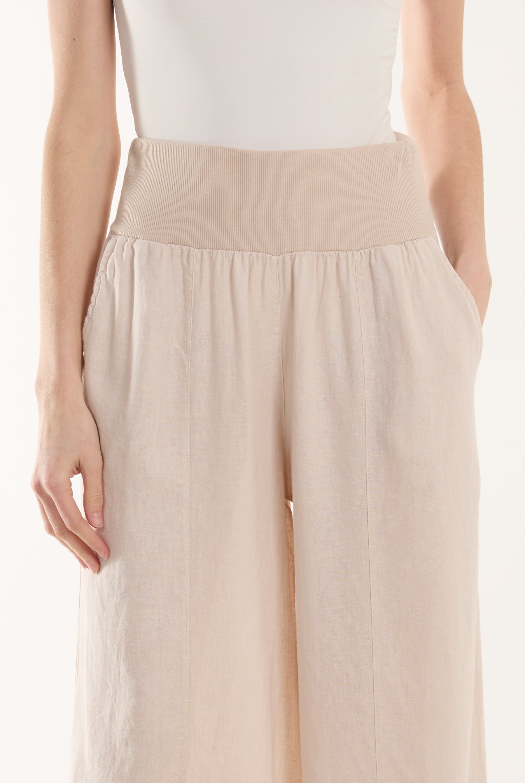 Linen Blend Wide Leg Waistband Trousers Trousers WearAll