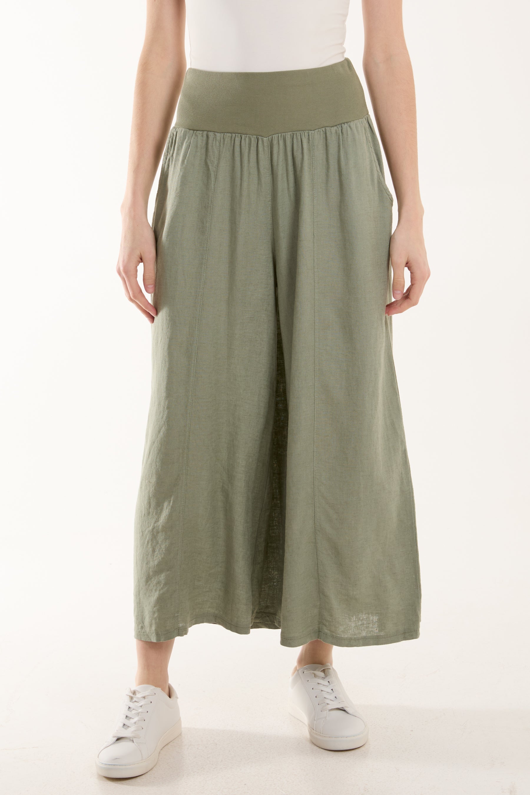 Linen Blend Wide Leg Waistband Trousers Trousers WearAll Khaki One Size
