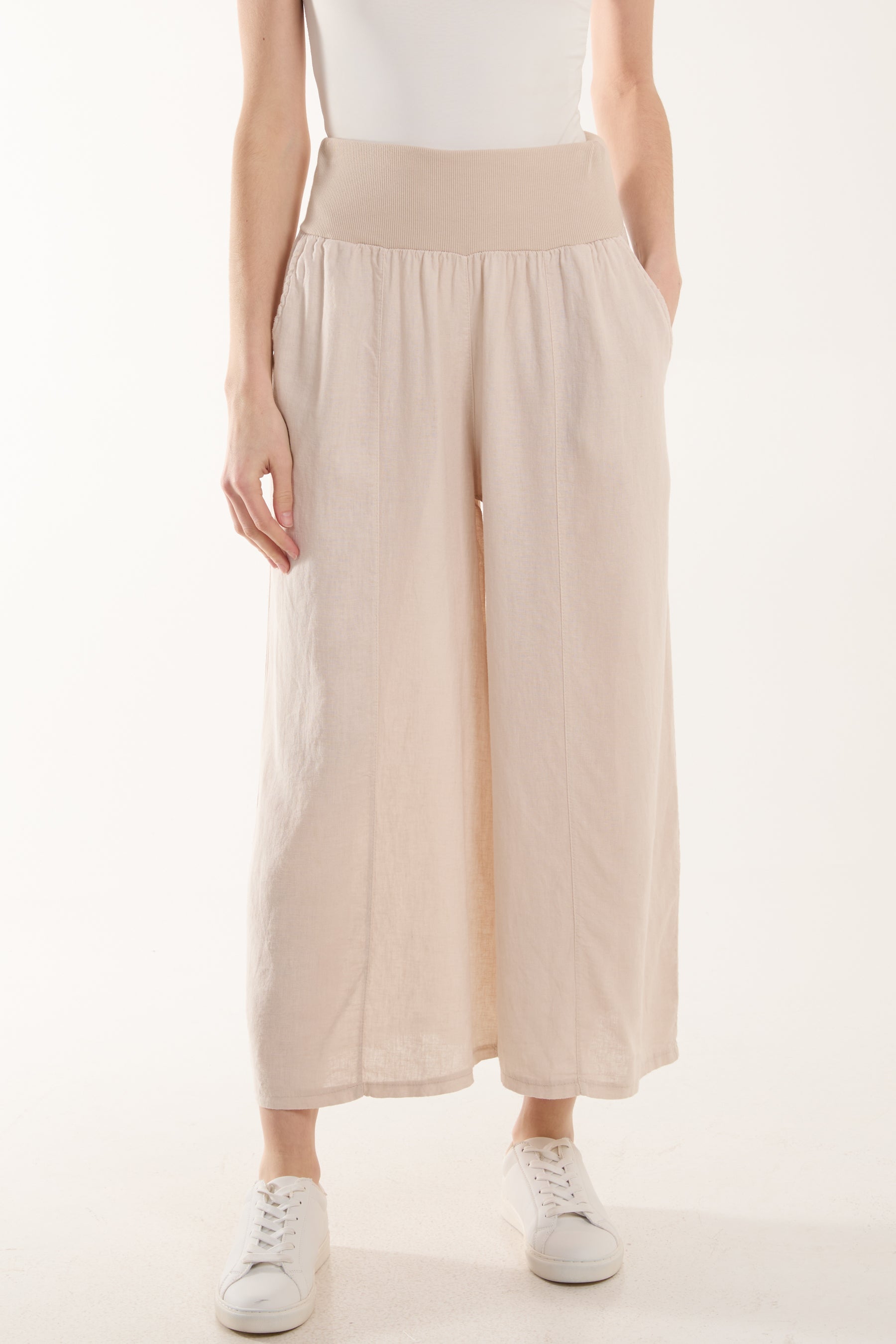 Linen Blend Wide Leg Waistband Trousers Trousers WearAll Beige One Size
