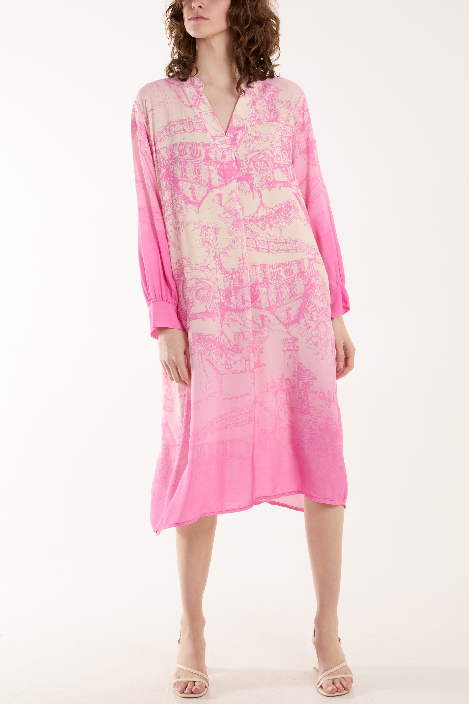 Ombre Landscape Print Midi Dress Dresses WearAll Pink One Size