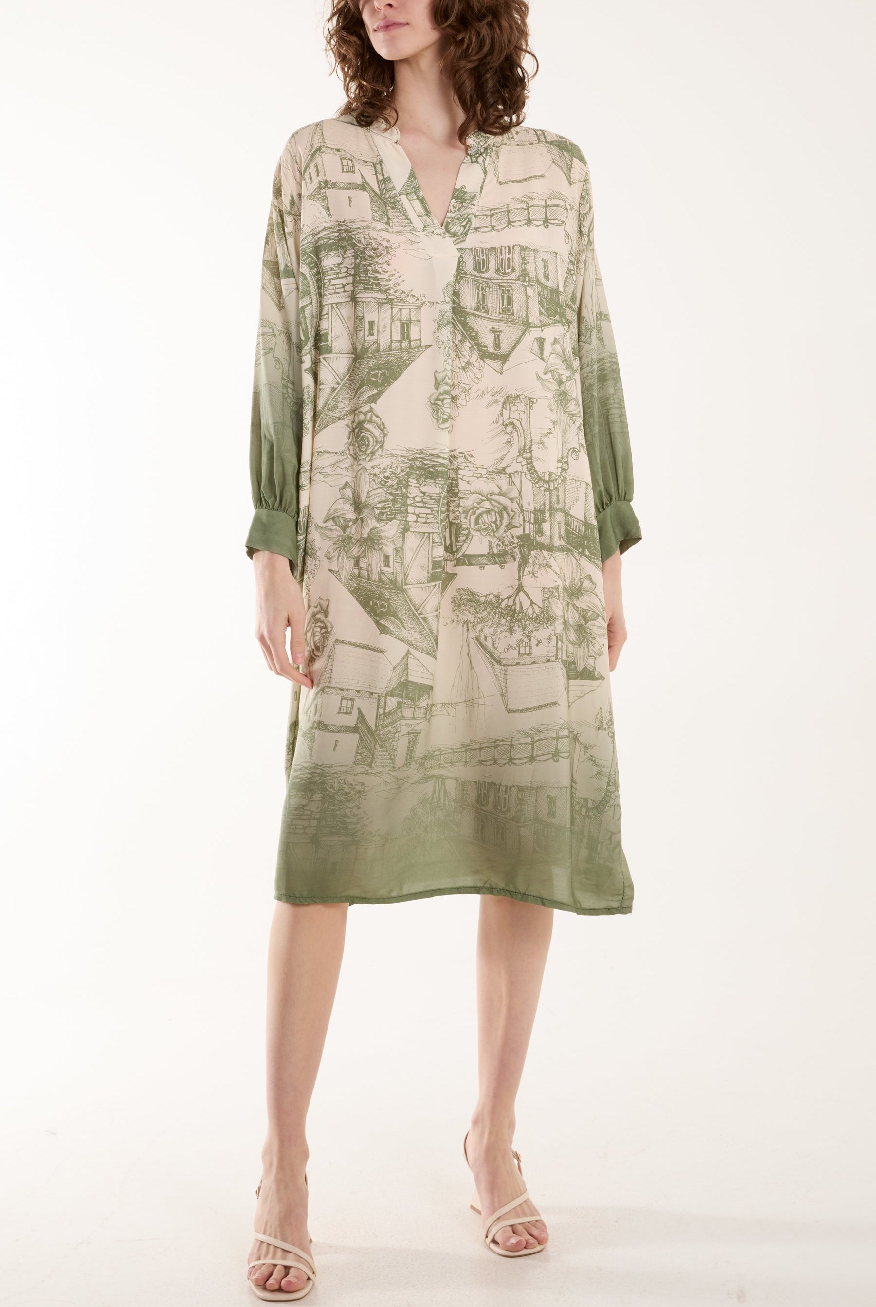 Ombre Landscape Print Midi Dress Dresses WearAll Khaki One Size