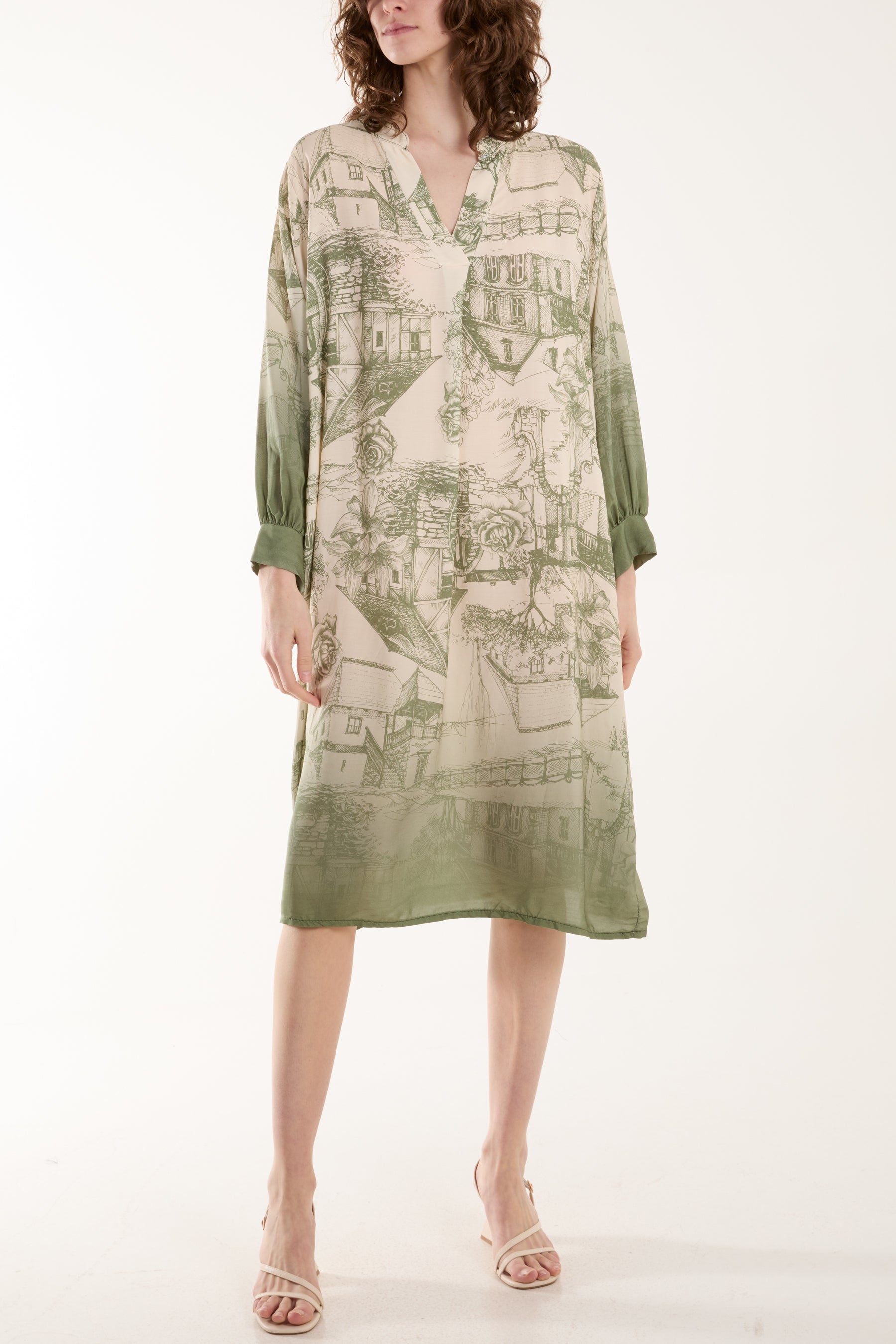 Ombre Landscape Print Midi Dress Dresses WearAll Khaki One Size
