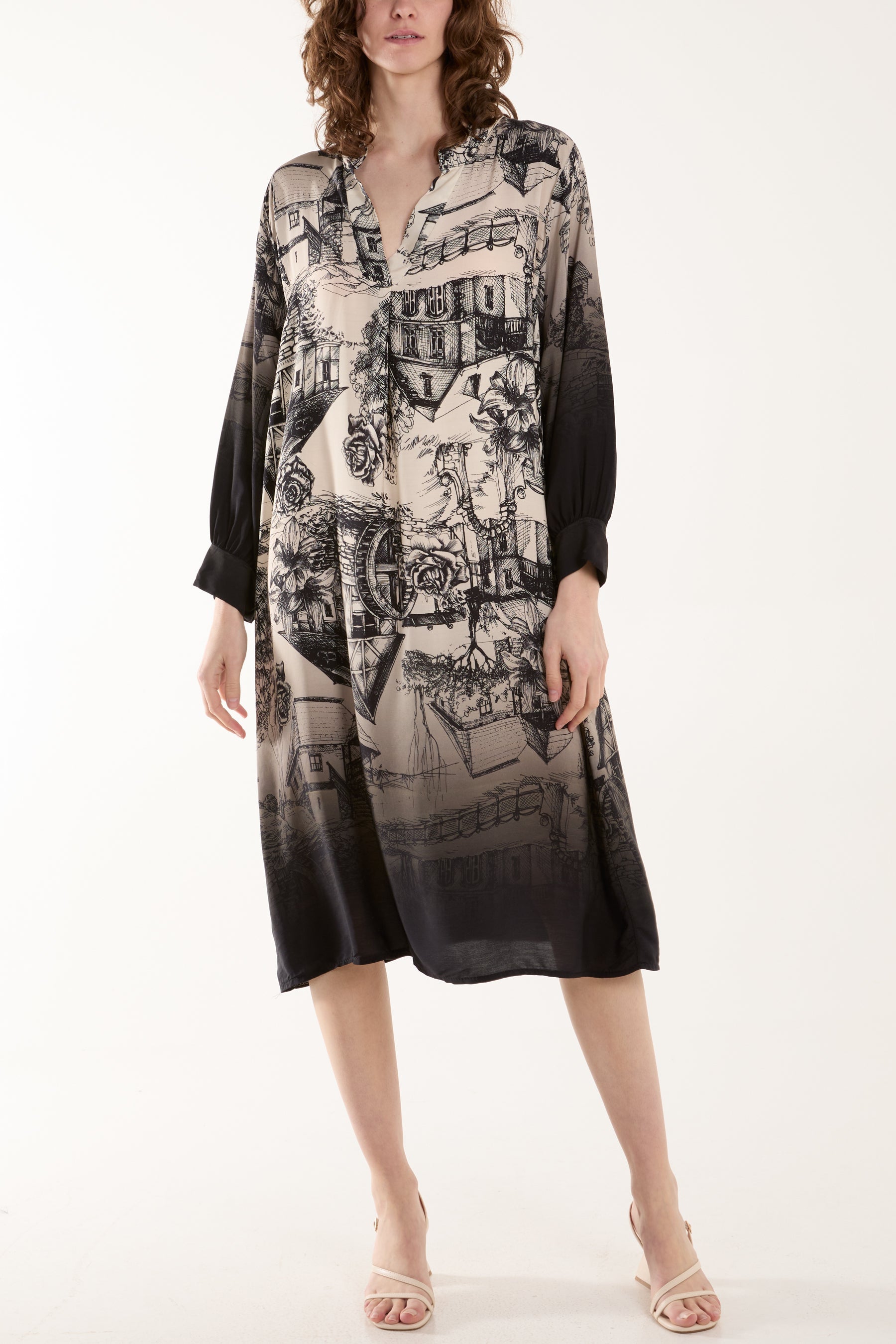 Ombre Landscape Print Midi Dress Dresses WearAll Black One Size