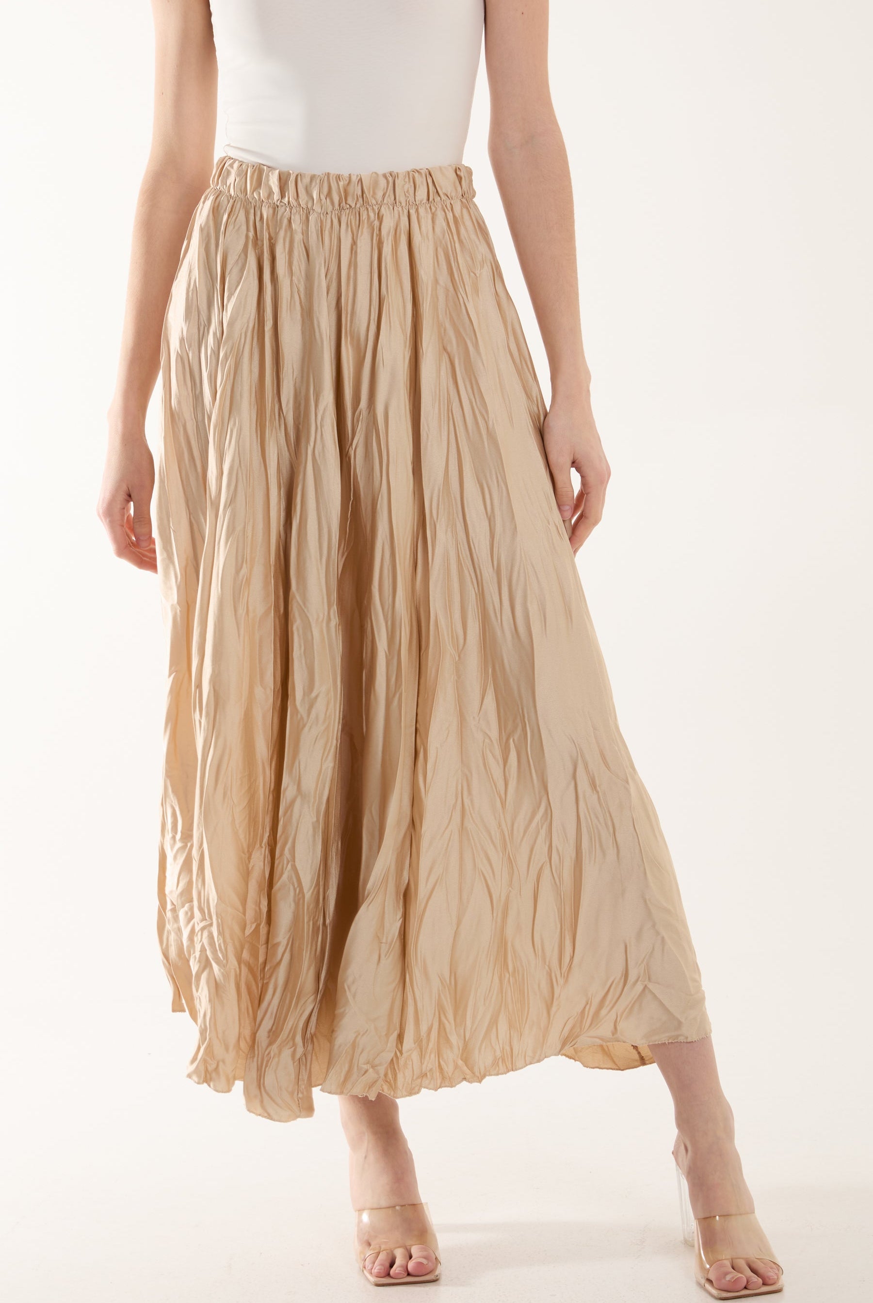 Crinkle Satin Midi Skirt Skirts WearAll Stone One Size