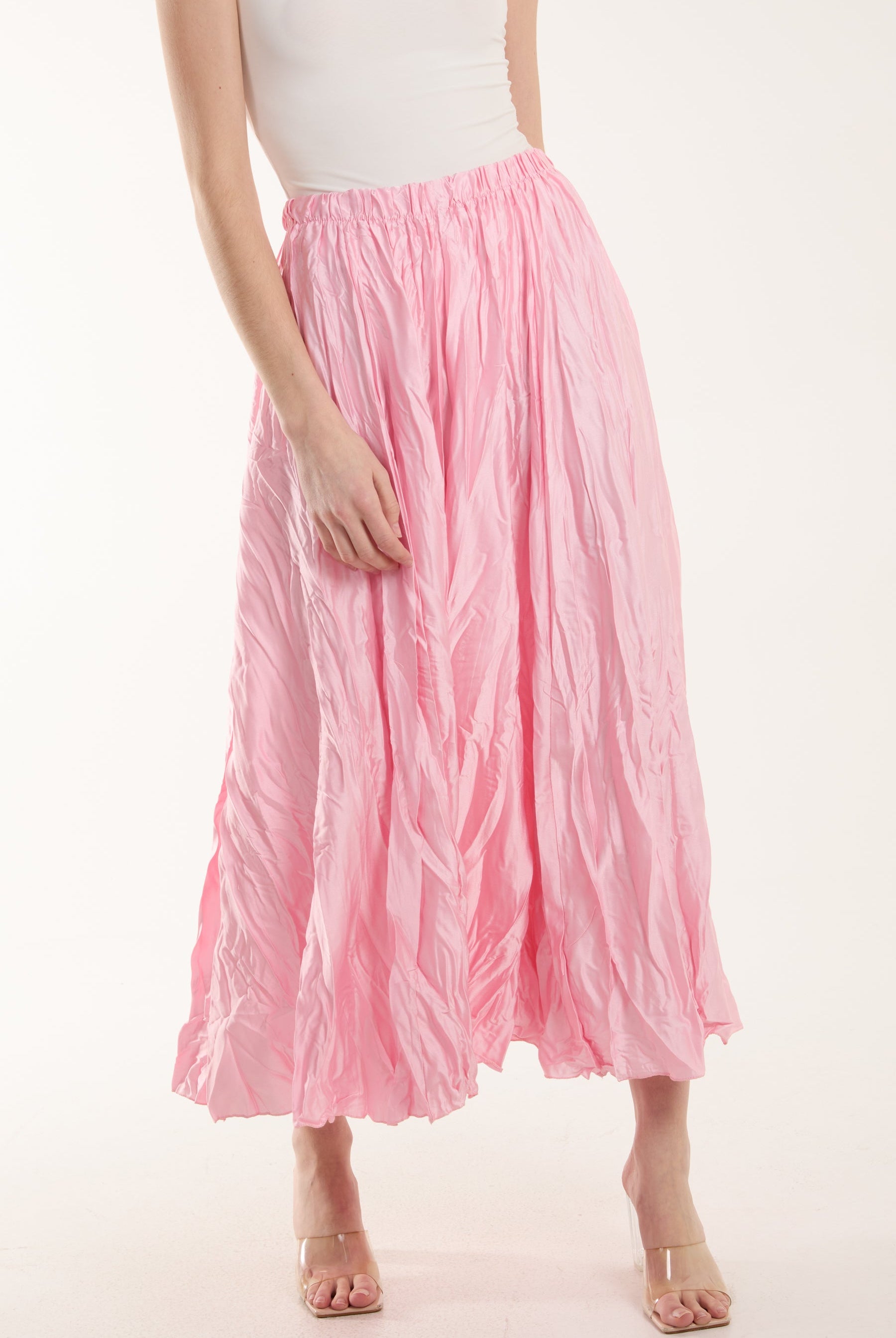 Crinkle Satin Midi Skirt Skirts WearAll Pink One Size