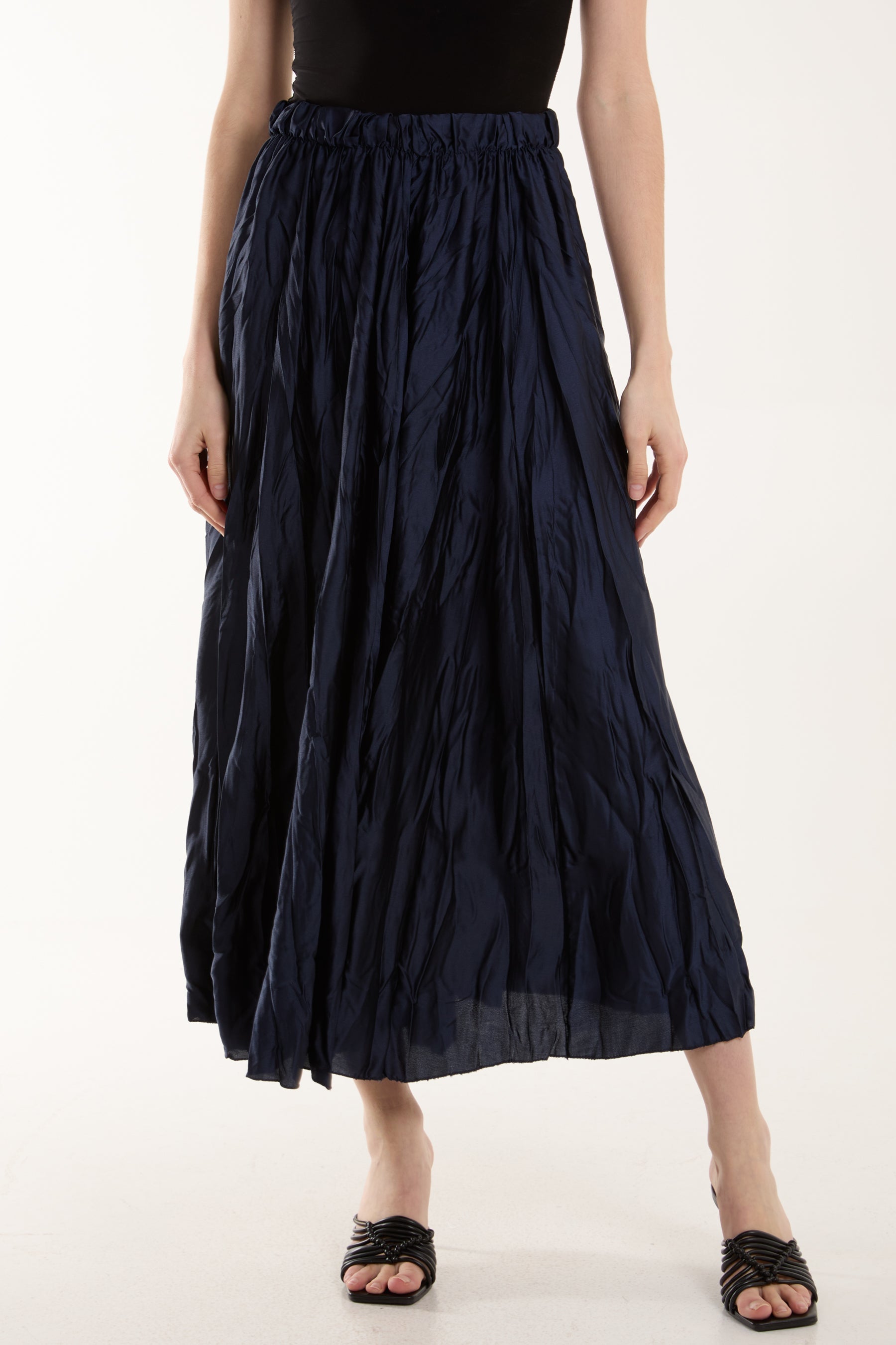 Crinkle Satin Midi Skirt Skirts WearAll Navy One Size
