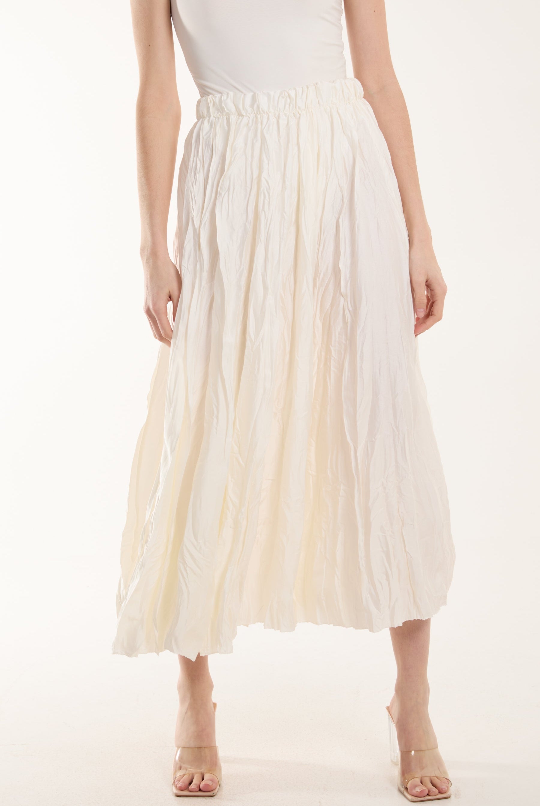 Crinkle Satin Midi Skirt Skirts WearAll Cream One Size