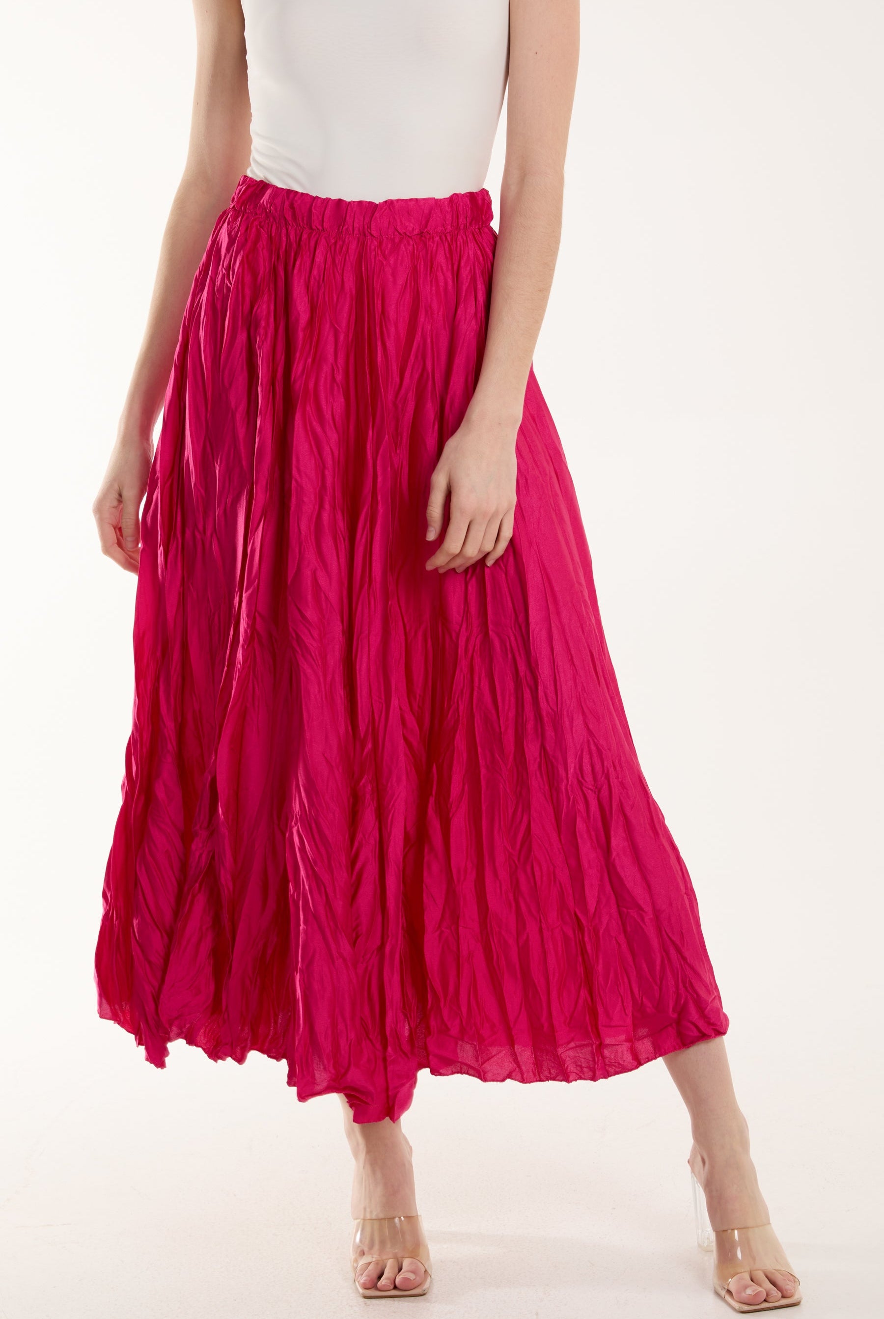 Crinkle Satin Midi Skirt Skirts WearAll Fuchsia One Size