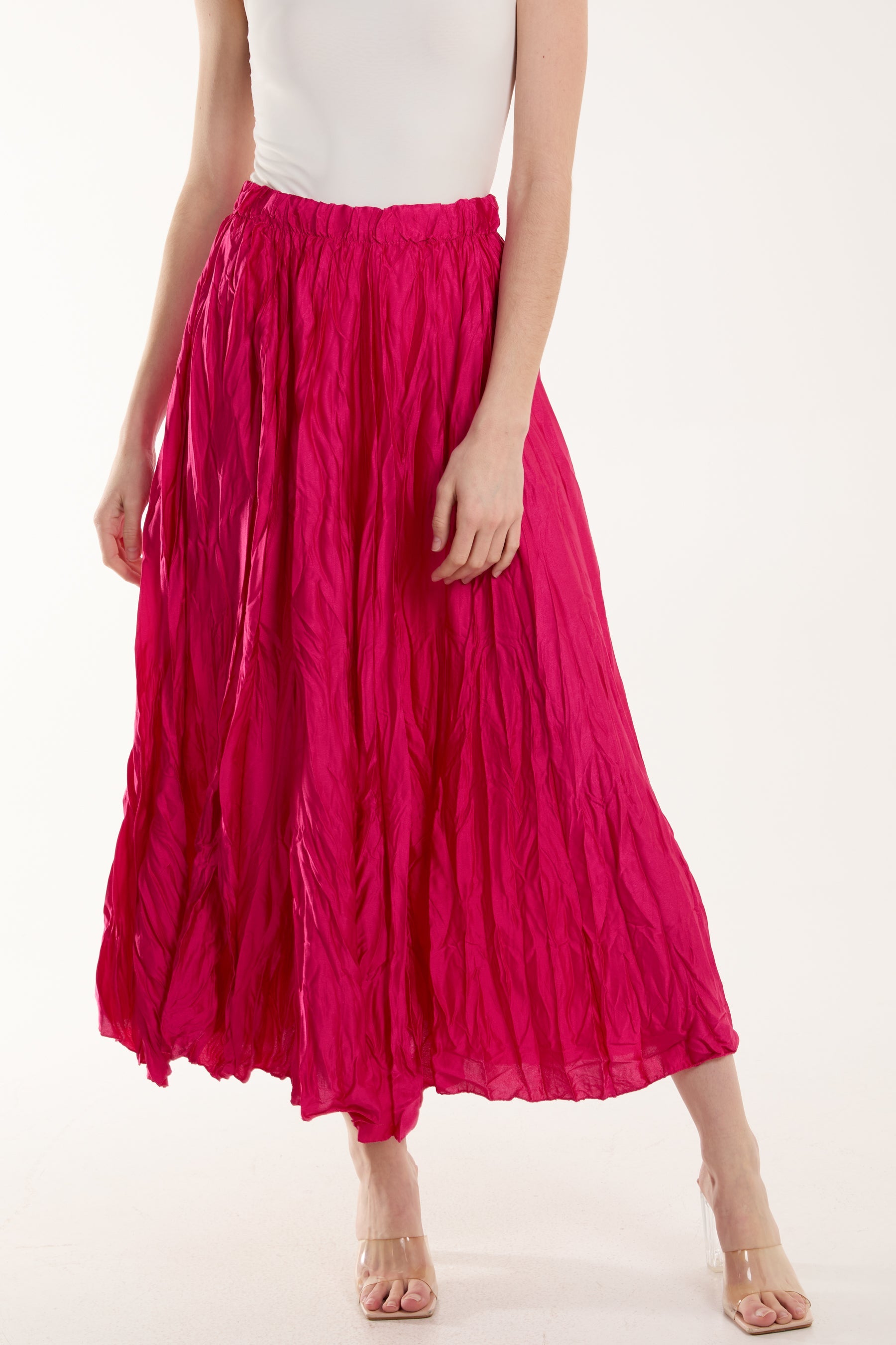 Crinkle Satin Midi Skirt Skirts WearAll Fuchsia One Size