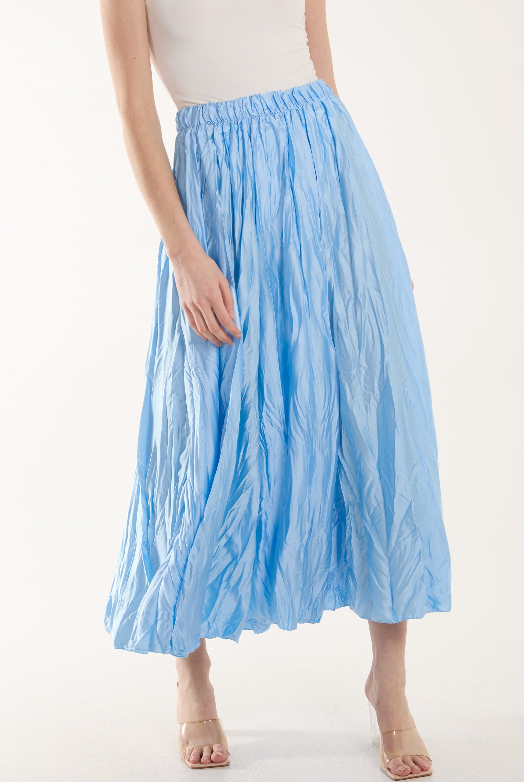 Crinkle Satin Midi Skirt Skirts WearAll Light Blue One Size