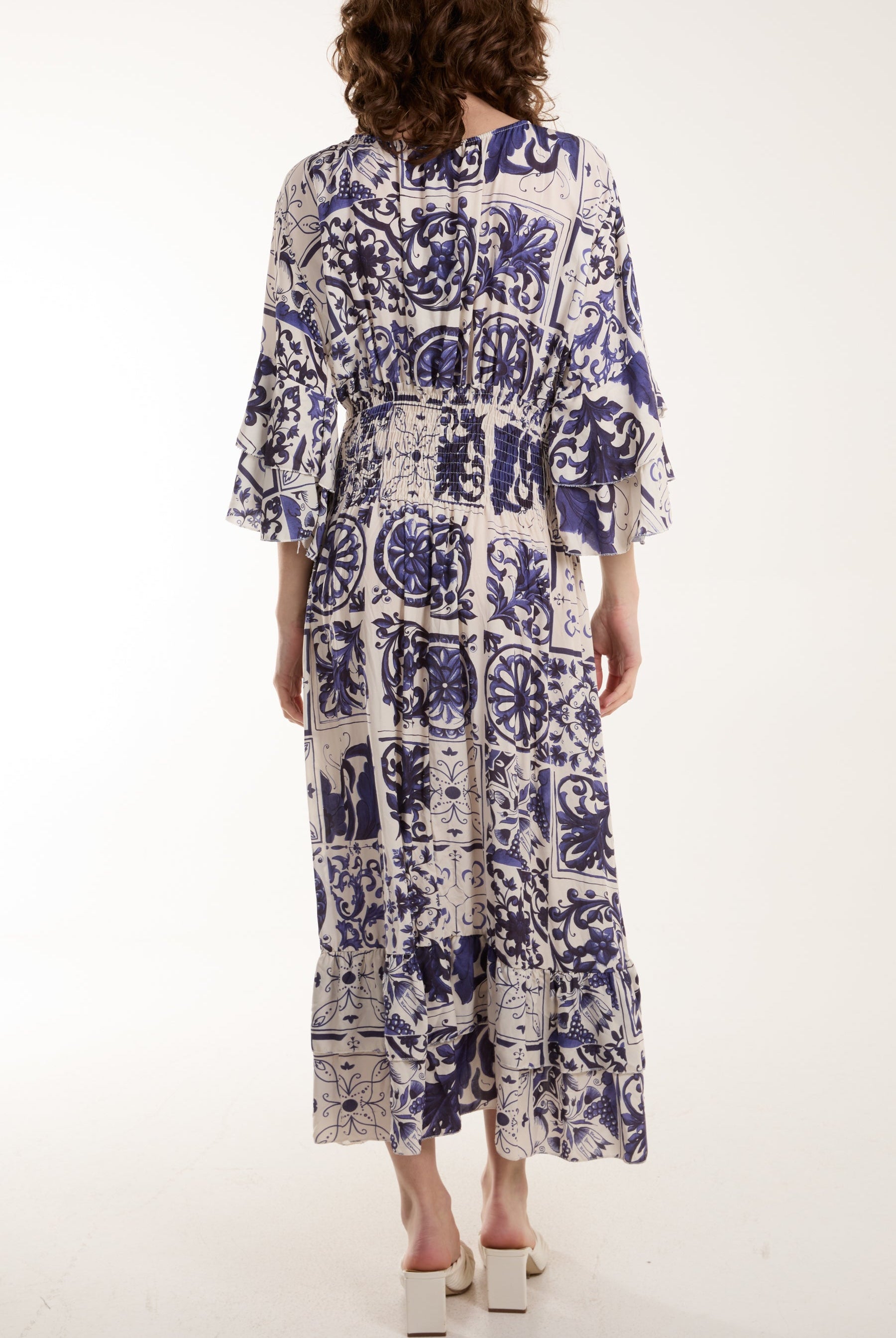 Tile Print Shirred Bodice Midi Dress Dresses WearAll