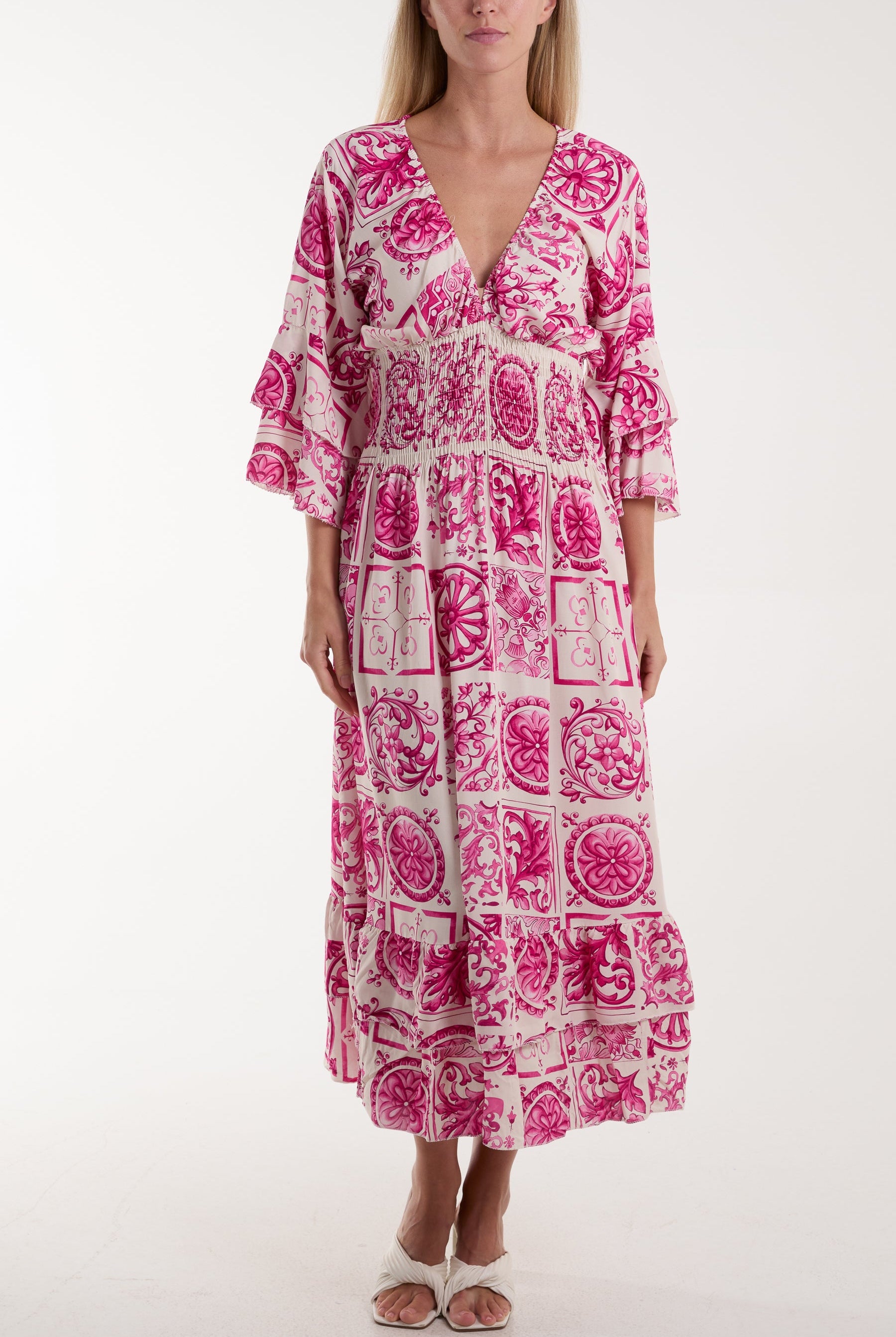 Tile Print Shirred Bodice Midi Dress Dresses WearAll Fuchsia One Size