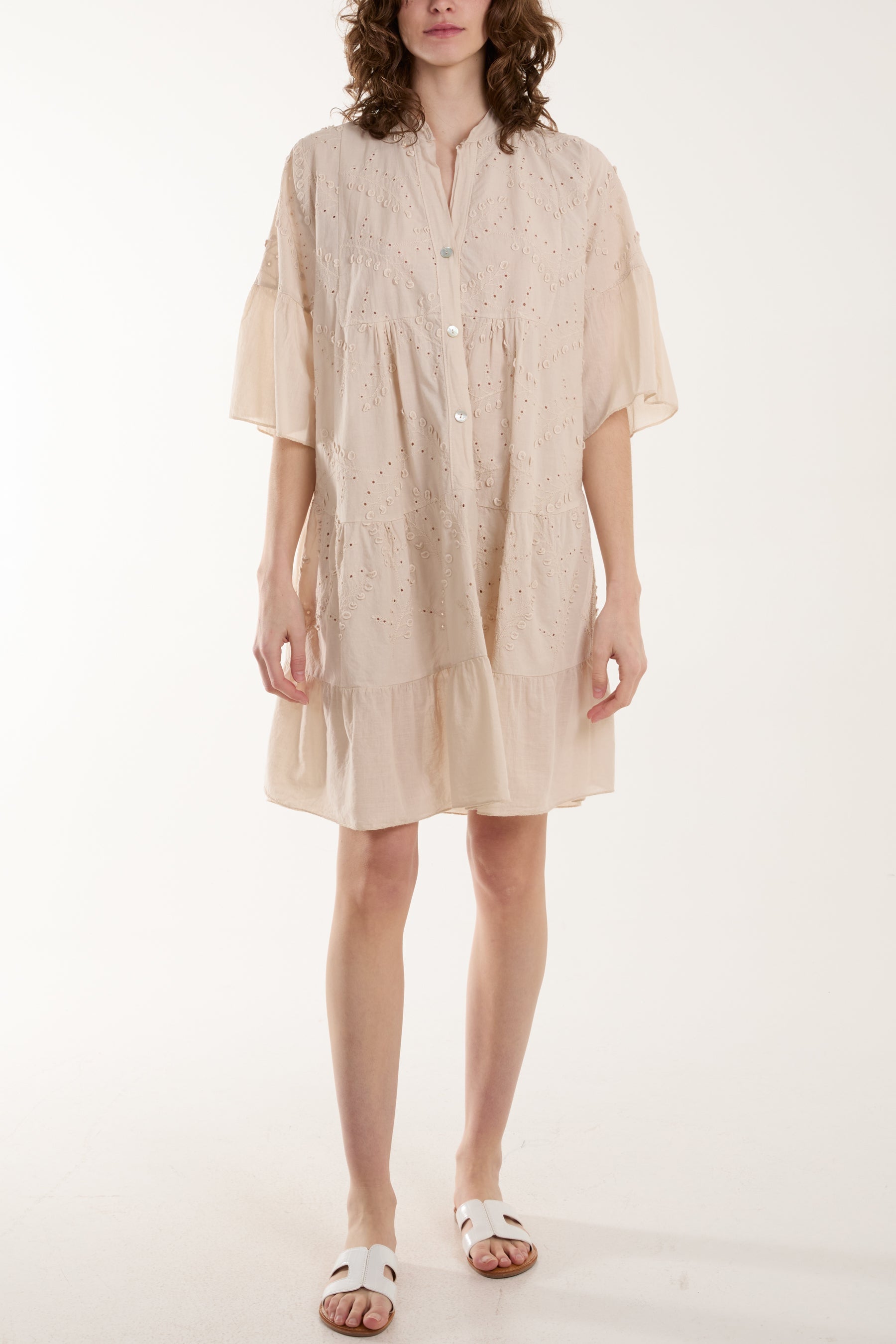 Broderie Anglaise 3D Leaves Smock Dress Dresses WearAll Stone One Size