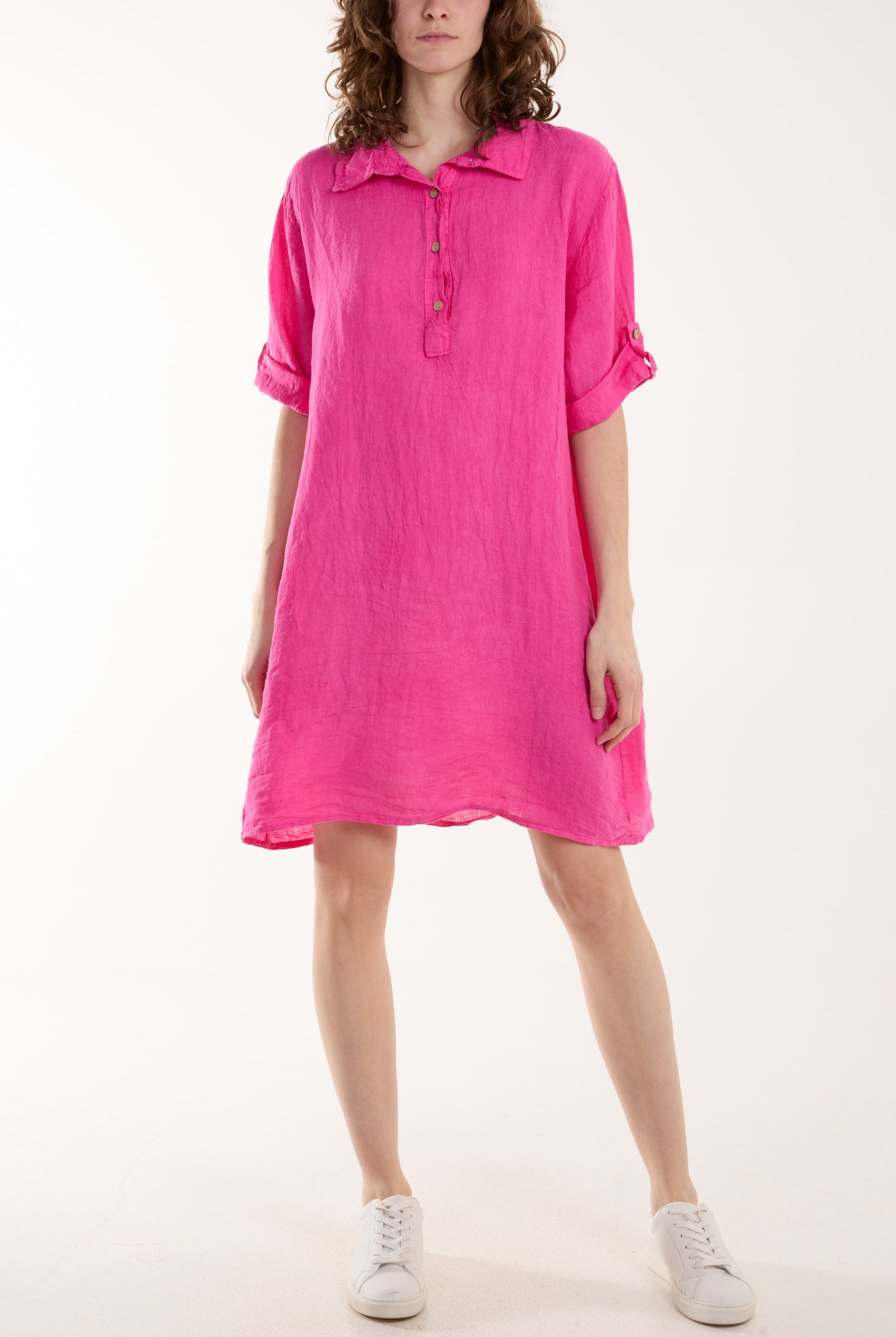 Linen Pocket Shirt Mini Dress Dresses WearAll Fuchsia One Size