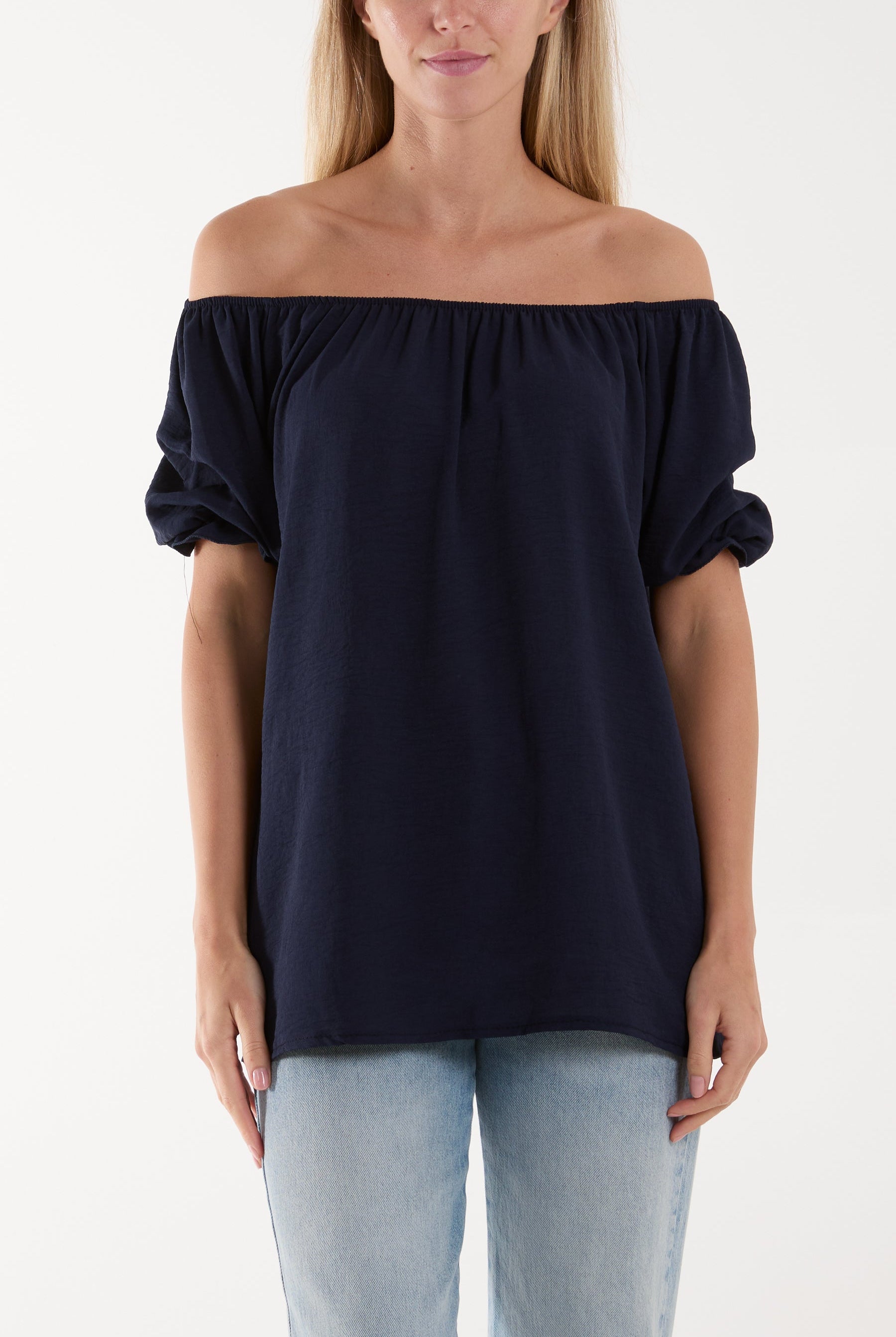 Puff Sleeve Smock Bardot Top Blouses WearAll Navy One Size