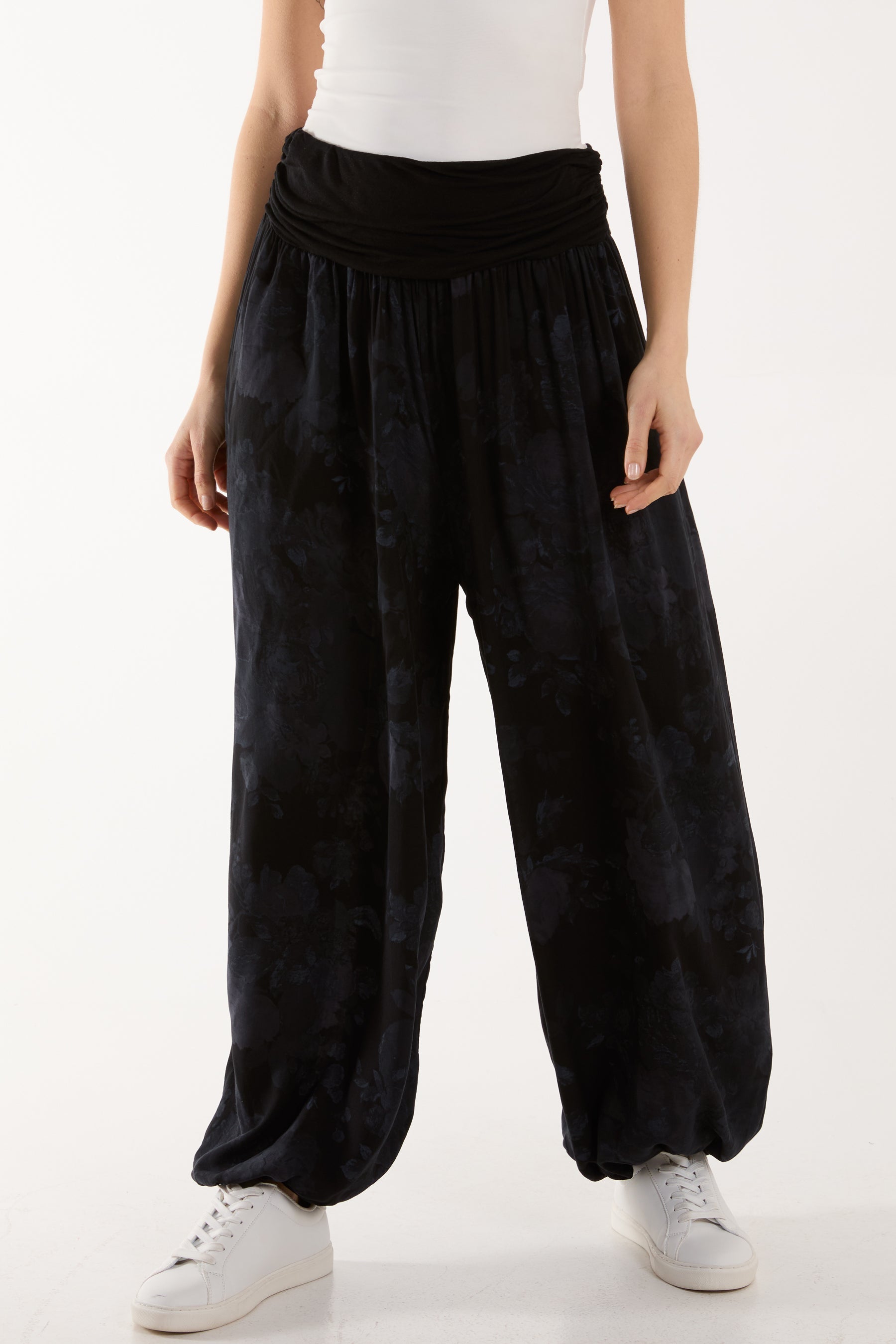 Roses Contrast Waist Harem Trousers Trousers WearAll Black One Size