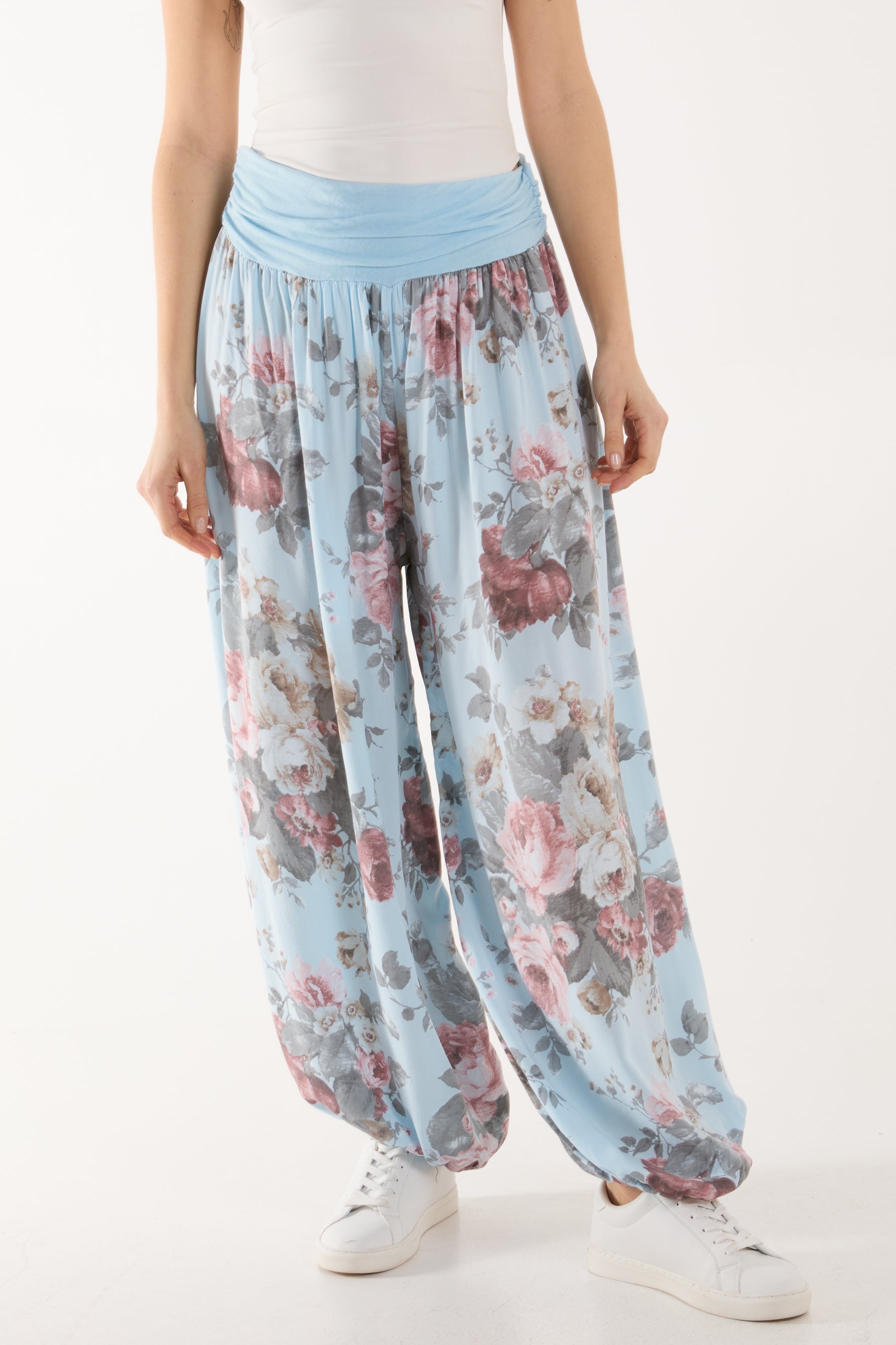 Roses Contrast Waist Harem Trousers Trousers WearAll Light Blue One Size