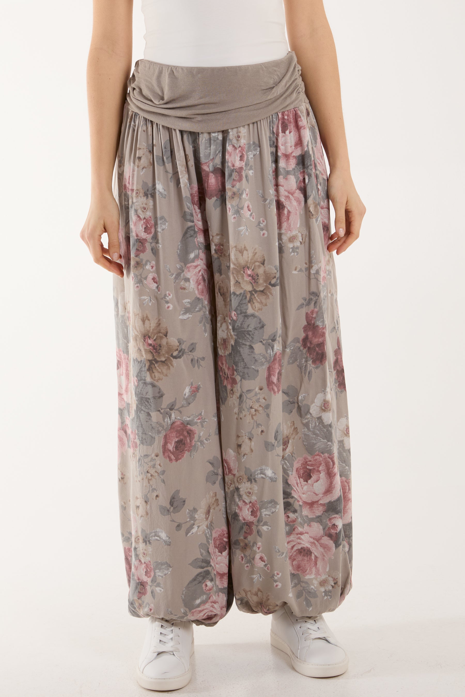 Roses Contrast Waist Harem Trousers Trousers WearAll Mocha One Size